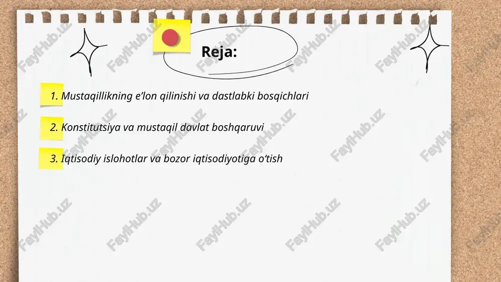 i: so‘mning qayta tiklanishi 2017-yilda so‘m kursi erkinlashtirildi; bu valyuta siyosatini markazlashtirishdan bozorga o‘tkazdi. markaziy bank mustaqilligi kuchaytirildi va monetar siyosat inflyatsiyani nazorat qilishga yo‘naltirildi. valyuta kursi unifikatsiya qilinib, rasmiy va qora bozor farqlari kamaytirildi. forex zaxiralari mustahkamlandi, bank tizimi isloh qilindi, xalqaro investitsiyalar va eksport rag‘batlantirildi, dollarizatsiya darajasi pasaytirildi. ... t.me/slaydai_bot 5. tadbirkorlik va xususiylashtirish siyosati doirasida 1991-yildan boshlab xususiy sektorni rivojlantirish uchun qonuniy va institutsional bazani yaratish boshlandi. 2017–2019 yillardagi yangi islohotlar privatizatsiya, davlat aktivlarini sotish, kichik biznes va mikrofirma tadbirkorlarga kredit va soliq imtiyozlari, ro‘yxatdan o‘tishni soddalashtirish va infratuzilma qo‘llab-quvvatlashni kuchaytirdi. maqsad — ish bilan ta’minlash, raqobatni oshirish va bozor iqtisodiyotini kengaytirish. ... t.me/slaydai_bot 1) maqsad: qishloq xo‘jaligini bozor tamoyillari asosida isloh qilish va dehqonchilikni mustahkamlash. 2) choralar: yer islohoti va dehqonlarga egalik huquqi, irrigatsiya va suv boshqaruvini modernizatsiya qilish, kreditlar, subsidiyalar va sug‘urta, mexanizatsiya va texnik yordam, agrar xizmatlar va ilmiy kengaytirish. 3) yo‘nalishlar: paxta diversifikatsiyasi, …