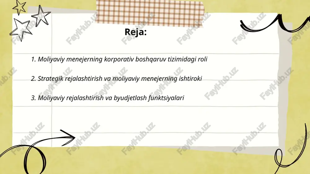 va moliyaviy ko'rsatkichlar (roi, roe, likvidlik, qarz/kapital). ... t.me/slaydai_bot 4. kapital tuzilmasini boshqarish va qarz-kapital qarorlar moliyaviy menejer korporativ kapital tuzilmasini boshqaradi: optimal qarz‑kapital nisbatini aniqlash (d/e), umumiy kapital qiymatini (wacc) minimallashtirish, qarz va aksiyadorlik kapitali manbalarini taqqoslash. u soliq imtiyozi orqali qarz foydasini, moliyaviy leverage bilan bogʻliq risk va bankrotlik ehtimolini muvozanatlashtiradi. shartnoma shartlari monitoringi, kredit reytingini saqlash, qayta moliyalashtirish strategiyalari, muvozanat nazariyasi va ustuvorlik tartibi nazariyalarini qoʻllash, investitsiya va dividend siyosatiga kapital strukturasi taʼsirini baholash uning vazifalaridir. ... t.me/slaydai_bot moliyaviy menejer investitsiyalarni baholashda npv, irr, payback va pi metodlarini qo‘llaydi. npv>0 va irr>wacc loyihani ma'qullash mezonlari. kapital loyihalarni moliyalashtirishda qarz va aktsiyalar nisbati, wacc va likvidlikni hisoblash zarur. moliyaviy prognoz, naqd oqimlar (cf), diskont stavkasi (r), sezgirlik tahlili va stress-testlar riskni baholaydi. loyiha tanlash uchun wacc, capm yordamida diskont stavkasi aniqlanadi. post-audit va monitoring loyiha samaradorligini 12-36 oy ichida tekshiradi. ... t.me/slaydai_bot moliyaviy menejer korporativ tuzilmalarda likvidlikni taʼminlash, …