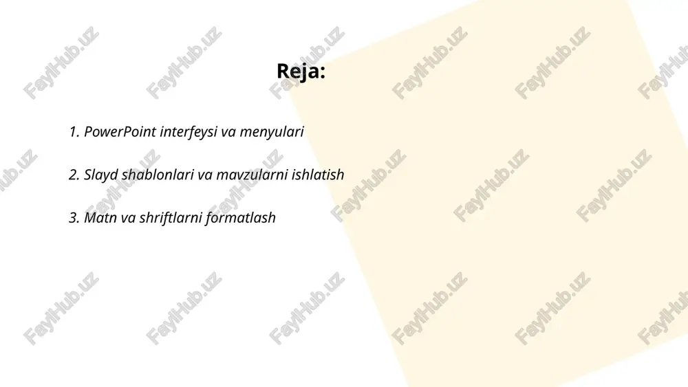 mashtirish va joylashtirish amallari mavjud. ... t.me/slaydai_bot 4. rasm va grafiklarni kiritish va tahrirlash slaydga rasm kiritish: insert→pictures orqali fayldan yoki onlayn rasm tanlanadi. rasmni o‘lchamini o‘zgartirish, crop, aylantirish, remove background, brightness/contrast, color va picture styles bilan tahrirlash mumkin. rasmni qatlamlash, align, group va send to back/bring to front bilan joylashtirish. grafik kiritish: insert→chart, diagramma turini (column, line, pie va boshq.) tanlash, excel oynasida ma’lumotlarni kiritish va yangilash. chart design va format bo‘limlari orqali elementlar, ranglar, legend, axis, data labels nazorat qilinadi. microsoft power point eshmamatova kamola tomonidan . qabul qiluvchi tangliberdiyov akbarjon abuganiyevich e'tiboringiz uchun raxmat! image1.png image2.png image3.png image4.jpg image5.jpg image6.jpg 3aronosox cnaiza nogsaronosox cnaliga macanas {ous sma cna microsoft office 2016 /docprops/thumbnail.jpeg
