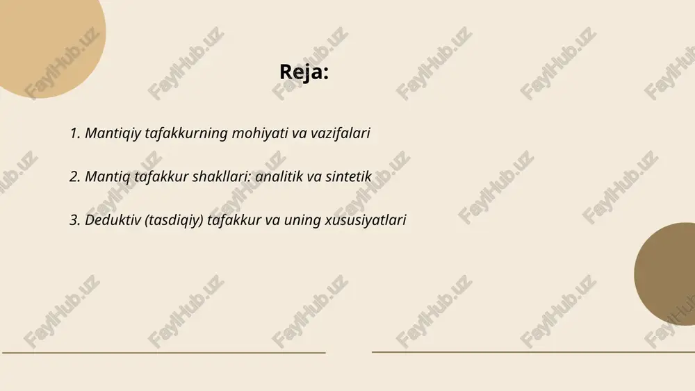 atishlardan umumiy qoidaga chiqish jarayoni. umumlashtirish qoidalari: 1) vakillilik — namuna butunlikni aks ettirishi, 2) etarli hajm — yetarlicha kuzatishlar, 3) tarafkashlikdan qochish, 4) moslik — o'xshashliklarning ma'noli bo'lishi, 5) tekshirish va tasdiqlash — yangi faktlar bilan sinov, 6) bosqichma-bosqich umumiylik darajasini oshirish, 7) ehtimollik xususiyati. ... t.me/slaydai_bot abstraktsiya mantiqda muayyan predmet yoki hodisaning muhim, umumiy belgilari ajratib olinib, tasavvur yoki tushuncha shakllantirish jarayonidir. u keraksiz, tasodifiy xususiyatlarni inkor etadi va umumiy qonuniyatlarni ochib beradi. konkretlashuv esa umumiy tushunchani aniq, xos holatlarga yoki misollarga qo‘llash orqali tafsilotlar va xususiyatlarni tiklashdir. abstraktsiya va konkretlashuv birgalikda umumlash, farqlash va induktiv-deduktiv xulosalarning asosini tashkil etadi hamda ilmiy-tahliliy fikrlashda metodologik vosita vazifasini bajaradi. ... t.me/slaydai_bot tahlil mantiqiy tafakkurda murakkab hodisani elementlariga ajratib uning tarkibiy qismlarini va aloqa bogʻliqliklarini aniqlash usuli. sintez esa ajratilgan qismlarni birlashtirib umumiy tushuncha yoki yechim yaratish jarayoni. tahlil nazariy va empirik maʼlumotlarni tahlil qilish, farqlash va sabablarni aniqlashga xizmat qiladi. …