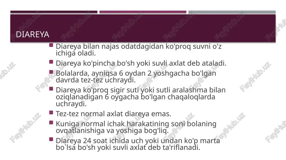 rab yoki hushidan ketsa, bu uning umumiy xavf belgisi borligini anglatadi. agar bola doimo bezovta bo'lsa yoki unga tegsa yoki bezovtalansa, bolada bezovtalik va yoqori darajada asabiylashish belgisi mavjud.. agar chaqaloq emizish vaqtida xotirjam bo'lsa, lekin emizishni to'xtatgandan keyin yana bezovtalanib, asabiylashsa, bu uning "bezovta va asabiylashish" belgisiga ega ekanligini anglatadi. ko'pgina bolalar faqat tibbiy muassasada bo'lgani uchun xafa bo'lishadi. bunday bolalarni tinchlantirish mumkin. ularda "bezovta va og'riqli asabiylashish" belgisi yo'q. “cho`kkan ko'zlar" belgisi suvsizlangan bolaning ko'zlari cho'kib ketishi mumkin. bolaning ko'zlari cho'kib ketgan deb o'ylaysizmi, qaror qiling. onadan chaqaloqning ko'zlari g'ayrioddiy deb o'ylaydimi, deb so'rang. uning fikri bolaning ko'zlari cho'kib ketganligini tasdiqlashga yordam beradi. ko'zga ko'rinadigan isrofgarchilik bilan og'ir oziqlangan bolada, bola suvsizlanmagan bo'lsa ham, ko'zlar doimo cho'kib ketgan ko'rinishi mumkin. ko'zga ko'rinadigan isrof bo'lgan bemorda "cho'kib ketgan ko'zlar" belgisi kamroq ishonchli, ammo u hali ham bolada suvsizlanish darajasini tasniflash uchun ishlatiladi. onadan chaqaloqqa chashka yoki qoshiqdan suv taklif …