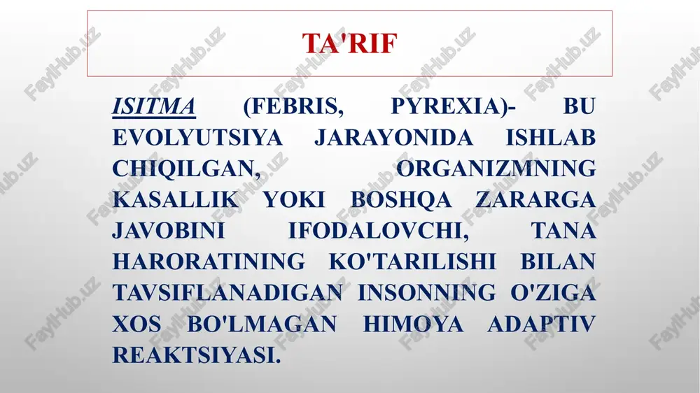kali gepatit); tuberkulyozning o'pkadan tashqari shakllari; turli fokal infektsiyalar (qovurilgan, sinusogen, yuqumli endokardit, xoletsistit, urologik infektsiya); xatarli o'smalar (miya, buyrak, jigar, o'pka, oshqozon, ichak), limfogranulomatoz; immunokompleks kasalliklar (tizimli qizil yuguruk, tizimli vaskulitlar, periarterit tugunlari). harakatlar algoritmi baholash umumiy holat va holati hayotiy funktsiyalar (ong, nafas olish, qon aylanishi) ob'ektiv tekshirish (tana harorati, bh, yurak urishi, qon bosimini o'lchash, meningeal belgilar, o'tkir qorin va patologiya mavjudligini istisno qilish kbb organlari. toksikoz belgilari(og'riqli ko'rinish, ichishdan bosh tortish, befarqlik, asabiylashishning kuchayishi, ko'z bilan aloqa qilish qiyinligi, tirnoq to'shagining kapillyarlarini to'ldirish vaqtining uzayishi 2 c dan ortiq) istisno qilishni talab qiladi bakteremiya. harakatlar algoritmi antipiretik terapiya uchun ko'rsatmalar: o'rtacha epilepsiya, saraton patologiyasi bo'lgan bemorlarda isitma (38 °c), alomatlar intrakranial va qon bosimining oshishi, yurak nuqsonlari, gidrosefali va boshqalar bashoratli salbiy xavf omillari; o'rtacha birinchi 3 yoshdagi bolalarda isitma oy hayot; o'rtacha 3 yoshgacha bo'lgan bolalarda isitma markaziy asab tizimining perinatal shikastlanishi oqibatlari bilan (ayniqsa, …