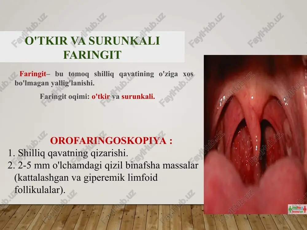 ngdek anemiya (anemiya), diabet va boshqalar fonida uchraydi. boshqa sabablar: burun nafasining buzilishi (burun septumining egriligi, adenoidlar), infektsiya (uning manbai burun va paranasal sinuslar, tishlar yoki bronxlar zararlanganda), yuqumli bo'lmagan omillar (bug', gazlar, chang, issiq quruq havo, farenksning funktsional ortiqcha yuklanishi: uzoq muddatli yo'tal, qo'shiq ovozining noto'g'ri o'rnatilishi va boshqalar). surunkali faringit klinikasi bemorlar shikoyat qiladilar: 1. tomoqdagi quruqlik hissi. 2. tomoqdagi "to'p" hissi. 3. "yopishqoq" yo'tal, ayniqsa ertalab. 4. "bo'sh" tomoq bilan noqulaylik. 5. majburiy yo'tal yoki yo'tal. 6. kuchli yo'tal bilan ozgina qon ketishi mumkin (balg'amdagi qon aralashmalari). kataral surunkali faringit orofaringoskopiya : kasallik o'zini namoyon qiladi qizarish farenksning orqa devorining shilliq qavati, paydo bo'lishi yopishqoq sir. farenksning orqa devorining giperemik shilliq qavatida-aniq qon tomir naqshlari va qizargan limfa follikulalar hajmi 1-3 mm. gipertrofik faringit kasallik o'zini namoyon qiladi qalinlashuv, qizarish shilliq qavat, yopishqoq sekretsiya paydo bo'lishi; faringeal refleksning ko'payishi ko'pincha kuzatiladi. yon faringitda orqa palatin kamonlari orqasida …