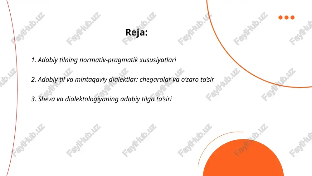 ot shevalarni saqlash va tilni boyitishda manba bo‘ladi. ... t.me/slaydai_bot ijtimoiy tarmoqlarda adabiy til normativligi pasayadi: yozma normativ qoidalar yengil o‘zgaradi, qisqartmalar, slang, emotikonlar va fonetik yozuvlar keng tarqaladi. variantlar: 1) standart adabiy leksika va sintaksis bilan yozuv; 2) dialektal elementlar va shevalar ta'siri; 3) kod almashinuvi va xorijiy leksika integratsiyasi; 4) multimediali kontekstga moslashuv. bu holat til normalarining dinamikasini, til siyosati va ta'limda adaptatsiya zaruratini ko‘rsatadi. ... t.me/slaydai_bot onlayn muloqotda kod almashinuvi til aralashuvi, leksik va morfologik o‘zgarishlar orqali sodir bo‘ladi; registerlar rasmiy, norasmiy va professional 3 guruhga bo‘linadi. ijtimoiy tarmoqlar platformasi, auditoriya va kontekst 4 ta asosiy omil sifatida register tanlovini belgilaydi. abbreviasiyalar, emotikonlar, romanizatsiya va dialekt izchilligi identifikatsiya, soddalashtirish, samimiylik va stilizatsiya funktsiyalarini bajaradi. natijada identitet ko‘rsatish, kod o‘tkazish va tilning normativ cheklovlaridan chetlashish kuzatiladi. ... t.me/slaydai_bot ijtimoiy tarmoqlardan kelib chiqqan yangi leksika va neologizmlar tezkor so‘zlashuvni, texnologik va madaniy o‘zgarishlarni aks ettiradi. asosiy xususiyatlar: anglicizmlar (layk, …