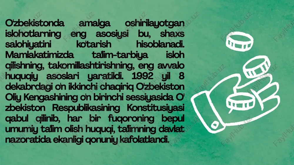 irkorlik faoliyati bilan shug'ullanish huquqiga ega. pulli ta'lim xizmatlarini ko'rsatish davlat ta'lim muassasalarining asosiy faoliyatiga to'sqinlik qilmasligi kerak. davlat ta'lim muassasalarida qo'shimcha ta'lim xizmatlari ko'rsatganlik uchun haq undirish tartibi ular tomonidan mustaqil ravishda belgilanadi. davlat ta'lim muassasalari pulli ta'lim xizmatlari va boshqa xizmatlar ko'rsatish hamda tadbirkorlik faoliyati bilan shug'ullanish hisobidan olingan pul mablag'larini mustaqil ravishda tasarruf etishga haqli. ta'lim tizimini rivojlantirish maqsadida qulay vaziyatni ta'minlash uchun ta'lim muassasalari va idoralar tomonidan moliyaviy resurslarni yaratish, taqsimlash va ulardan foydalanish shartlari, shakllari va usullari majmui moliyaviy mexanizni tashkil etadi. ushbu mexanizmning o' ziga xosligi ta'lim sohasida, har bir bog'lanishda va turli o'quv muassasalarida mablag'larni shakllantirish va ulardan foydalanishning o'ziga xos xususiyatlari bilan bog'liq. moliyalashtirish deganda tor ma'noda pul mablag'lari, moliyaviy resurslar bilan ta'minlash tushuniladigan bo'lsa, kengroq ma'noda belgilangan maqsadga erishish yoki faoliyatni amalga oshirish uchun moliyaviy ta'minlashni, ya'ni moliyaviy resurslar ajratishni tushunishimiz mumkin. ta'limni moliyalashtirish tegishli moliyaviy-iqtisodiy mexanizmga asoslanadi. moliyaviy-iqtisodiy mexanizm tarkibi …