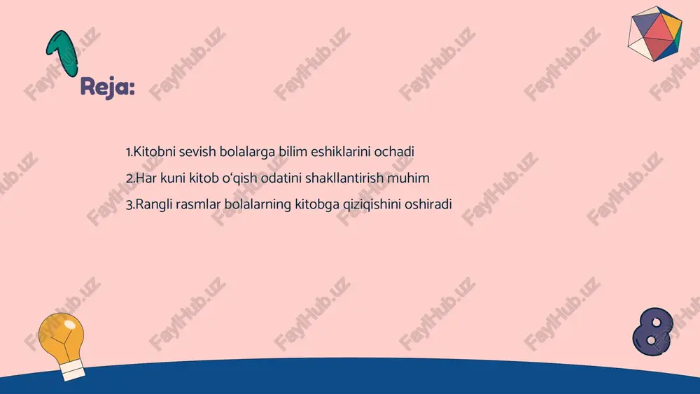 o‘qish jarayoniga qiziqib, ularning kitobga bo‘lgan muhabbati oshadi. • ko‘rgazmalarning o‘rni - jozibador rasmlar bolalar e’tiborini uzoqroq ushlab turadi, bilim olishni yanada qulay va samarali qilishi mumkin. bolalar uchun ertaklar ularning tasavvurlarini kengaytiradi • ertaklarning ta'siri - ertaklar bolalar dunyoqarashini oshirish uchun muhim manba hisoblanadi. ular real hayot voqealarini tushunishga yordam beradi. • tasavvur kuchining rivojlanishi - bolalar ertaklarni o‘qishi davomida tasavvur va ijodiy fikrlashni o‘rgana oladi. yangi olamlarni kashf qilishga chorlaydi. kitob o‘qish bolalarda til ko‘nikmalarini rivojlantiradi • kitobning til rivojiga ta’siri - kitob o‘qish bolalarning so‘z boyligini oshiradi, yangi so‘zlar va iboralarni kiritadi. bu jarayon ular uchun tabiiy tilni o‘rganish jarayoniga aylanishi mumkin. • ovozli o‘qishning foydalari - ovoz chiqarib o‘qish talaffuzni mustahkamlaydi, bolalarning nutq qobiliyatini oshiradi. bu uslub til birikmalarini yaxshiroq tushunishga yordam beradi. • adabiy o‘rnaklarning roli - bolalar kitoblarda uchraydigan adabiy uslublardan o‘rnak oladi. ular murakkab gap tuzish ko‘nikmasini rivojlantiradi, kommunikatsiyani yaxshilaydi. • davomiy mashg‘ulot …