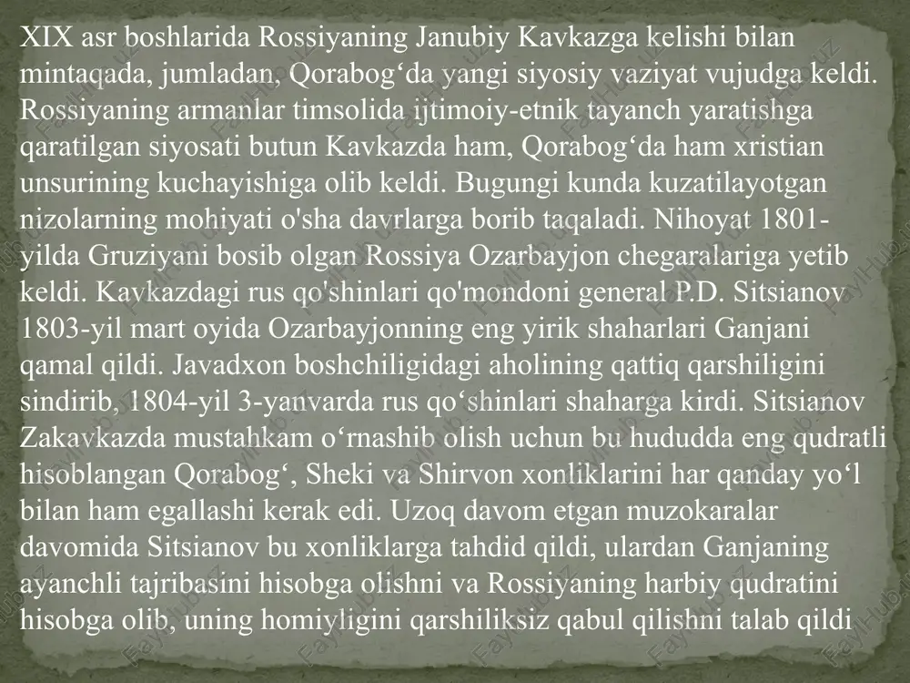 a qo'shilishi yo'lidagi birinchi huquqiy hujjat bo'ldi. qorabogʻ xonligi bilan rossiya imperiyasi oʻrtasida xonlikni rossiya tasarrufiga oʻtkazish toʻgʻrisidagi shartnoma 1805-yil 14-mayda kyurekchay harbiy qarorgohida imzolangan va shuning uchun tarixga kurekchay shartnomasi nomi bilan kirgan. 11 moddadan iborat boʻlgan ushbu shartnomaga koʻra qorabogʻ xonligi rossiya himoyasiga oʻtgan va uchinchi davlatlar bilan har qanday mustaqil xalqaro aloqalardan voz kechganligi belgilab qo`yilgan.shu bilan birga, kurekchoy shartnomasiga binoan rossiya xonlikning ichki ishlariga aralashmaslik majburiyatini oladi.. bu shartnoma imzolangandan so‘ng darhol ibrohim xalilxonga aleksandr i ning 1805-yil 8-iyuldagi farmoni bilan general unvoni berildi va o‘shandan keyin general-leytenant sifatida u bosh qo‘mondonga bo‘ysunishga majbur bo‘ldi. bu shartnoma toʻlaqonli diplomatik hujjat boʻlib, qorabogʻ xonligi aynan musulmon davlati sifatida rossiya protektorati ostiga oʻtganligidan dalolat bergan. strategik ahamiyatga ega qorabog‘ xonligining qo‘lga olinishi aslida shimoliy ozarbayjondagi barcha xonliklarning to‘liq bo‘ysunishi boshlanishini anglatardi. knyaz p.d.sitsianov 1805-yil 22-mayda kurekchay shartnomasi tuzilgandan so‘ng, rossiya imperatoriga bejiz qorabog‘ o‘zining geografik joylashuviga ko‘ra ozarbayjon …