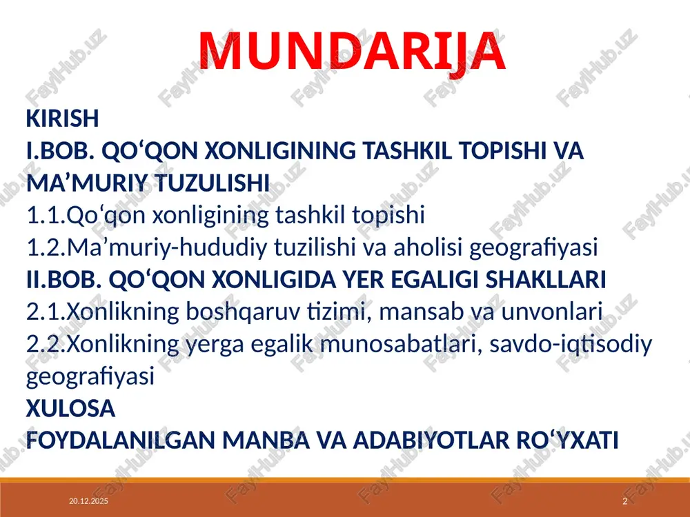 isodiy va madaniy markazlardan biri bo‘lgan. ushbu davrda yer egaligi tizimi jamiyatning asosiy iqtisodiy tuzilmasini belgilovchi element sifatida katta ahamiyat kasb etgan. yer egaligining turli shakllari ijtimoiy qatlamlarning shakllanishiga, davlat boshqaruvi va qishloq xo‘jalik ishlab chiqarishiga ta’sir ko‘rsatgan. mazkur kurs ishi qo‘qon xonligidagi yer egaligi shakllarini tahlil qilish, ularning iqtisodiy-siyosiy ahamiyatini o‘rganish va jamiyat taraqqiyotidagi rolini aniqlashga qaratilgan. ishning maqsadi – qo‘qon xonligi davrida yer egaligi tizimining tarixiy xususiyatlarini yoritib berish va uning bugungi kunga ta’sirini o‘rganishdir. 17.03.2025 4 i. bob .qo‘qon xonligi madaniy hayoti va uning taraqqiyoti xususiyatlari 1.1. qo‘qon xonligining tashkil topishi. xviii asrning boshlarida faro‘ona vodiysida shakllangan yangi davlat – qo‘qon xonligiga mahalliy aholi vakillari bo‘lgan ming uruo‘i asos soldi. chunonchi, xvii asrning oxiri – xviii asr boshlarida ashtarxoniylarning siyosiy va ijtimoiy hayotida yuz bergan tushkunlik, faro‘ona vodiysi iqtisodiy mustaqilligining o‘sishi hamda 1704 yilda chodak xo‘jalarining isyon ko‘tarib, faro‘onaning bir qismini egallashi bunga shart-sharoit yaratib berdi. ammo, …