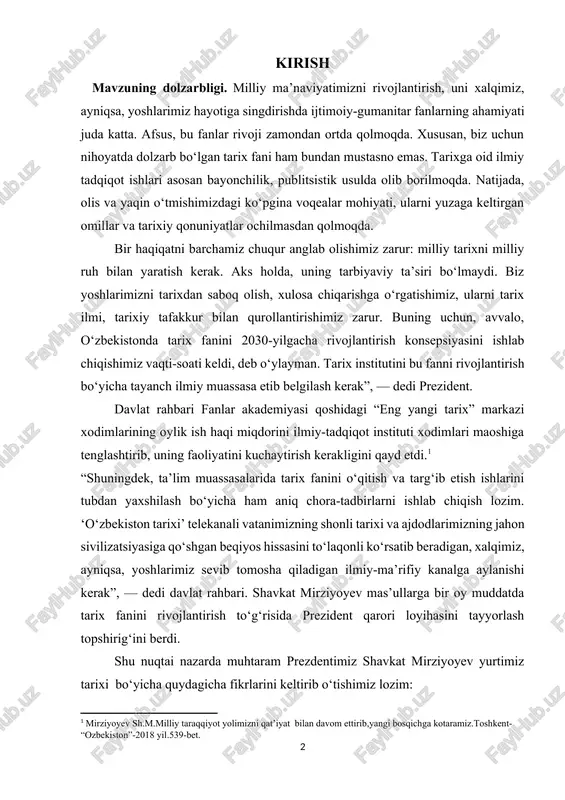 va targ‘ib etish ishlarini tubdan yaxshilash bo‘yicha ham aniq chora-tadbirlarni ishlab chiqish lozim. ‘o‘zbekiston tarixi’ telekanali vatanimizning shonli tarixi va ajdodlarimizning jahon sivilizatsiyasiga qo‘shgan beqiyos hissasini to‘laqonli ko‘rsatib beradigan, xalqimiz, ayniqsa, yoshlarimiz sevib tomosha qiladigan ilmiy-ma’rifiy kanalga aylanishi kerak”, — dedi davlat rahbari. shavkat mirziyoyev mas’ullarga bir oy muddatda tarix fanini rivojlantirish to‘g‘risida prezident qarori loyihasini tayyorlash topshirig‘ini berdi. shu nuqtai nazarda muhtaram prezdentimiz shavkat mirziyoyev yurtimiz tarixi bo‘yicha quydagicha fikrlarini keltirib o‘tishimiz lozim: - hamma oʻz tarixini ulugʻlaydi. lekin bizning mamlakatimizdagidek boy tarix, bobolarimizdek buyuk allomalar hech qayerda yoʻq. bu merosni chuqur oʻrganishimiz, xalqimizga, dunyoga yetkaza bilishimiz kerak. bu markazga kelgan odam tariximiz haqida toʻla tasavvurga ega boʻlishi, katta maʼnaviyat olib ketishi zarur, - deb fikrlarini aytib o‘tadilar.[footnoteref:2] [2: mirziyov sh.m. tanqidiy tahlil, qat'iy tartib-intizom va shaxsiy javobgarlik – har bir rahbar faoliyatining kundalik qoidasi bo‘lishi kerak. o‘zbekiston respublikasi vazirlar mahkamasining 2016 yil yakunlari va 2017 yil istiqbollariga bag’ishlangan …