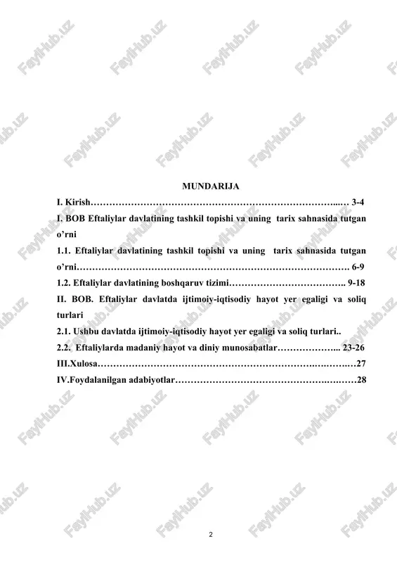 o’quv yurtlari bakalavr yo’nalishidagi hamda magistratura bosqichidagi talabalar uchun mo’ljallangan o’quv dasturiga kiritilgan. mazkur davrga oid tarixiy manbalar va ma’lumotlarning kamligi ilk o’rta asr davlatlari haqida to’liq ma’lumot olish imkonini bermaydi. shuningdek, ko’plab darslik va o’quv qo’llanmalardagi shu davrga oid ma’lumotlar umumlashgan holda berilgan. yuqoridagilarni inobatga olgan holda mazkur o’quv qo’llanmada eftaliylar davlati va turk xoqonligi davri tarixini batafsil yoritish maqsad etib qo’yildi. eftaliylar davri tarixini yoritish davomida o’rta osiyoda antik davrdan ilk o’rta asrlarga o’tish jarayonining yuz berishi kuzatiladi, shu sababdan mazkur uslubiy qo’llanmada bu davr tarixiga kengroq to’xtalib o’tildi. eftaliylar davlatidagi siyosiy jarayonlar, jamiyatning ijtimoiy-iqtisodiy va madaniy-ma’naviy hayotidagi tub o’zgarishlar batafsil yoritildi. o’zbekistonning ilk o’rta asrlardagi davlatchiligi tarixida alohida o’rin tutgan turk xoqonligi davrini yoritish jarayonida esa, asosan davlat boshqaruvidagi o’zga-rishlar hamda iqtisodiy hayotning muhim jihatlariga e’tibor qaratildi. kurs ishda keltirilgan ma’lumotlar o’rta osiyo miqiyosida so’nggi yillarda olib borilgan ilmiy izlanishlar va arxeologik tadqiqotlarning so’nggi natijalari asosida yoritishga …