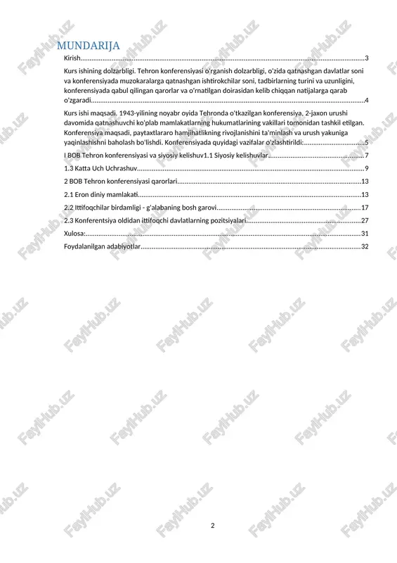 o'lib, urushdan keyingi davrdagi ko'plab muhim siyosiy voqealar uchun zamin yaratdi. tehron konferensiyasi qarorlari tehron konferensiyasi 1943-yil 28-noyabrdan 1-dekabrgacha tehronda (eron) boʻlib oʻtgan yigʻilish boʻlib, ikkinchi jahon urushi davrida ittifoqdosh boʻlgan uchta yirik davlat rahbarlari: sovet ittifoqidan iosif stalin, aqshdan franklin ruzvelt oʻrtasida boʻlib oʻtgan va buyuk britaniyadan uinston cherchill. konferensiya fashistlar germaniyasi va uning ittifoqchilariga qarshi strategiyani muvofiqlashtirish maqsadida o'tkazildi. tehron konferensiyasi bir qancha muhim qarorlarni qabul qildi, jumladan: ittifoqchilar 1944-yil bahorida fashistlar tomonidan bosib olingan yevropaga bostirib kirish bo'yicha overlord operatsiyasini boshlashga kelishib oldilar. sovet ittifoqi germaniya mag'lub bo'lganidan keyin yaponiyaga qarshi urushga kirishga rozi bo'ldi. ittifoqchilar atlantika xartiyasining o'z taqdirini o'zi belgilash, qurolsizlanish va tinchlikni saqlash uchun jahon tashkilotini tuzishga chaqiruvchi tamoyillariga sodiqligini tasdiqladilar. sovet ittifoqi germaniya taslim bo'lganidan keyin uch oy ichida yaponiyaga urush e'lon qilishga rozi bo'ldi. ittifoqchilar eron mustaqilligi va hududiy yaxlitligini tan olishga, uning suvereniteti va siyosiy mustaqilligini hurmat qilishga kelishib oldilar. umuman …