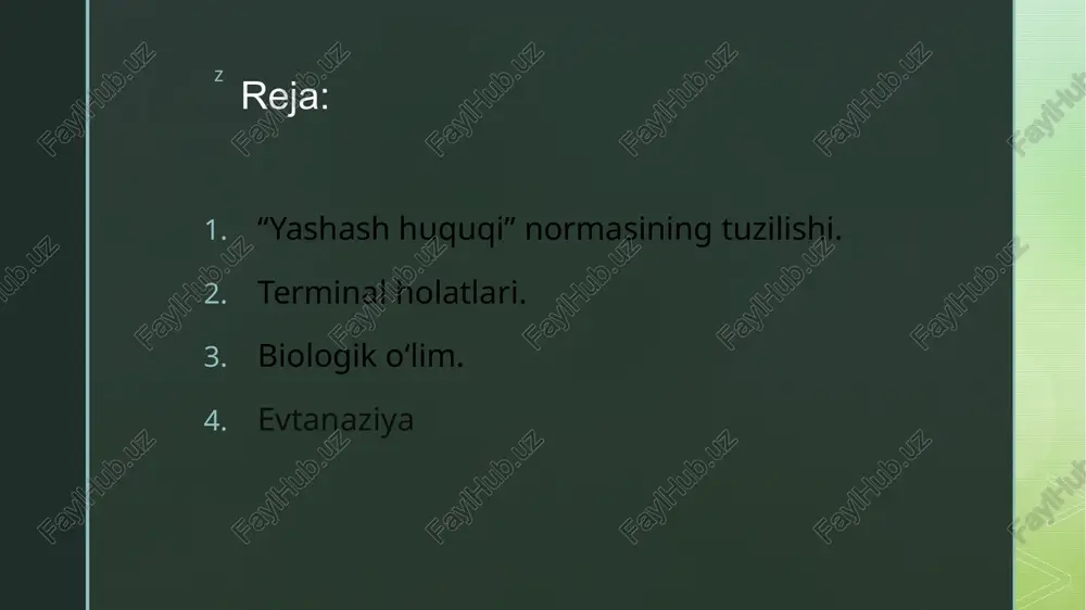 iyat o‘limga nisbatan o‘z munosabatiga ega. ko‘pgina dinlar o‘limni hayotning ajralmas qismi deb biladi. dafn marosimlari, motam – ijtimoiy va madaniy jihatlar. z evtanaziya evtanaziya nima? (asosiy tushuncha) evtanaziya — bu og‘ir va davolab bo‘lmaydigan kasallikka chalingan bemorning o‘limini tezlashtirish maqsadida ongli ravishda qilinadigan harakat. bu grekcha so‘z bo‘lib, “yaxshi o‘lim” degan ma’noni anglatadi. evtanaziya bemorning yoki uning vakilining roziligi bilan amalga oshiriladi. z evtanaziyaning turlari evtanaziya yuzasidan bahslar (etik va huquqiy qarashlar) aktiv evtanaziya – bemorga o‘limga olib keluvchi vosita (masalan, dori) berish orqali hayotini tugatish. passiv evtanaziya – bemorni sun’iy hayot uskunalaridan uzish yoki davolashni to‘xtatish. ixtiyoriy / ixtiyorsiz evtanaziya – bemorning o‘z roziligi bilan yoki roziligisiz (masalan, hushida bo‘lmagan holatlarda). qo‘llab-quvvatlovchilar: odam azoblanmasligi kerak, yashash sifatini tanlash huquqi bo‘lishi lozim. qarshi taraflar: bu – hayotni tugatish va tibbiyot etikasi tamoyillariga zid harakat. huquqiy maqom: ayrim davlatlarda (masalan, niderlandiya, belgiya, kanada) evtanaziya qonuniy; ko‘plab davlatlarda esa taqiqlangan. z …