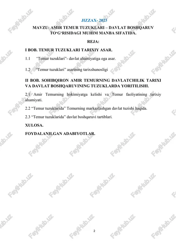 him yo‘l-yo‘riq sifatida foydalangan. masalan, buyuk vatandoshimiz zahiriddin muhammad boburning avlodi shohjahon (1628-1657), qo‘qon xoni muhammadalixon (18211 842) va buxoro arniri abdulahadxon (1885-1910) chapdast kotiblariga buyurib, «temur tuzuklari»dan o‘zlari uchun nusxa ko‘chirtirganlari ma'lum. ko‘chirganda ham zo‘r mas 'uliyat va qunt bilan ko‘chirganlar. hindistonlik muarrix abdulhamid lohuriyning (j 654-yilda vafot etgan) «podshohnoma»sida (mavlaviy kabiriddin ahmad va abdurahimlar amalga oshirgan nashr, kalkutta, 1866-1872 yillar, jild, 288-sahifa) bunday gap bor: «hijriy 1047-yili (milodiy 1637-1638-yillar) mir abu tolib altemubilan «temur tuzuklari», «tuzuki temuriy», «malfuzoti temuriy», «voqioti temuriy» nomlari bilan ham mashhur bo‘lgan «temur tuzuklari» asari ikki qismdan iborat.birinchi qismda amir temurning tarjimai holi, ijtimoiysiyosiy faoliyati, uning movarounnahrda markaziy hokimiyatni qo‘lga kiritishi, siyosiy tarqoqlikka barham berishi, markazlashgan davlat tuzishi, 27 mamlakatni,o‘z tasarrufiga kiritishi, buyuk sohibqiron tilidan ixcham tarzda bayon etilgan.ikkinchi qismida esa mashhur jahongiming farzandlariga atalgan o‘ziga xos vasiyat, pand-nasihatlari va o‘gitlaridan iborat. unda davlatni idora etishda kimlarga tayanish, toj-u taxt egalarining tutumi va vazifalari, …