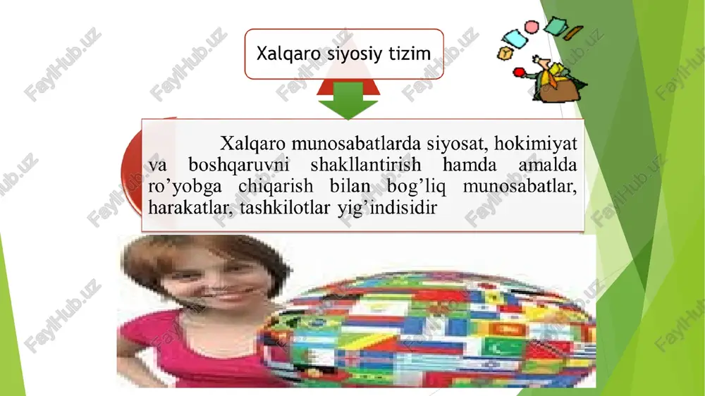 artiyaviy v.h. tabiati va mazmuniga ko'ra: • demokratik; • avtoritar; • konfrontatsion (ziddiyatli); •konsensusli (kelishuvga asoslangan); munosabat asosidagi qadriyatlarga ko'ra: • liberal; • sotsialistik: •natsionalistik v.h. bo'lishi mumkin amalga oshirish uslublariga ko'ra: •kuchga, zo'rlikka suyangan; •zo'rlikka suyanmagan; sub'ektiga ko'ra: umuminsoniy; gypuh manfaati v.h. larga bo'linadi 1918 – 1939-yillarda xalqaro munosabatlar * parij tinchlik konferensiyasi. parij yaqinidagi versal saroyida 1919-yil 18-yanvardan 1920-yil 21-yanvargacha 27 davlat vakillari ishtirokida tinchlik konferensiyasi bo‘lib o‘tdi. konferensiya ochilishining aynan shu kunga belgilanganligi bejiz emas edi. 1870 – 1871 – yilgi fransiya – prussiya urushida g’olib prussiya bilan yengilgan fransiya o’rtasidagi shartnoma aynan shu saroyda imzolangan va 18 – yanvar kuni shu saroyda germaniya imperiya deb e`lon qilingan edi. konferensiyada hal qiluvchi rolni «katta uchlik» – buyuk britaniya va fransiya bosh vazirlari devid lloyd jorj, jorj klemanso va aqsh prezidenti vudro vilson o‘ynadi. devid lloyd jorj, jorj klemanso va vudro vilson (chapdan). 1919-yil 28-iyunda germaniya versal tinchlik …