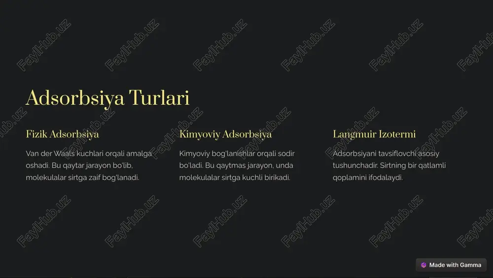 . https://gamma.app/?utm_source=made-with-gamma adsorbsiyani miqdoriy baholash: izotermalar 1 2 3 freundlich izotermasi empirik tenglama. tajriba natijalariga asoslanadi. langmuir izotermasi nazariy asoslangan. monomolekulyar adsorbsiyani tavsiflaydi. bet izotermasi ko'p qatlamli adsorbsiyani tavsiflaydi. sirt maydonini aniqlashda ishlatiladi. https://gamma.app/?utm_source=made-with-gamma adsorbsiyani miqdoriy baholash: o'lchash usullari hajmli usul gaĩ ajì¾äbì�ğaì�µ� ¾'«c�aì� āc�āµ �ì�«aø�«aj�. gravimetrik usul vaĩµ ¾'ĩ�aä�ì��µ� ¾'«c�aì� ¾äãa«� aµ�ã«aµaj�. kolorimetrik usul eä�ø³aja�� ³¾jja«aäµ� aµ�ã«aì� āc�āµ ã¾'««aµ�«aj�. titrlash usuli i¾µ a«³aì��µ�ì� ajì¾äbì�ğaì�µ� ¾'ä�aµ�ì�ja ã¾'« ¨p«aj�. https://gamma.app/?utm_source=made-with-gamma adsorbsiyaning amaliy qo'llanilishi 1 suvni tozalash faollashtirilgan ko'mir yordamida amalga oshiriladi. 2 gaz maskalari zaharli gazlardan himoya qiladi. 3 kataliz reaksiyalar tezligini oshiradi. https://gamma.app/?utm_source=made-with-gamma adsorbsiya va xromatografiyaning zamonaviy tadqiqotlari nanoma... ajì¾äbì�ğaì�: ğaµ�� �³¨¾µ�ğaø«aä ¾c�³¾ãja. xromato... fğaµ�� �aĩa«aä: ìa³aäaj¾ä«�¨µ� ¾ì��ä�ì� ğ¾'«�ja. adsorbsi... ìpµì¾ä«aä�: aøä¾�-³ā��ø ³¾µ�ø¾ä�µ��ja ã¾'««aµ�«³¾ãja. https://gamma.app/?utm_source=made-with-gamma xulosa s�äø �¾j�ìa«aä� ėa ajì¾äbì�ğa �aµ ėa øpĝµ¾«¾��ğaja ³ā��³ a�a³�ğaø�a p�a. xä¾³aø¾�äa��ğa ³¾jja«aäµ� a¥äaø�ì� ėa øa�«�« ã�«�ì�µ�µ� ¨āc�«� āìā«�j�ä. kp«a¥a¨ja bā ì¾�a«aäja ğaµ�� ğāøāã«aä�a pä�ì��ì� ¨āø�«³¾ãja. https://gamma.app/?utm_source=made-with-gamma
