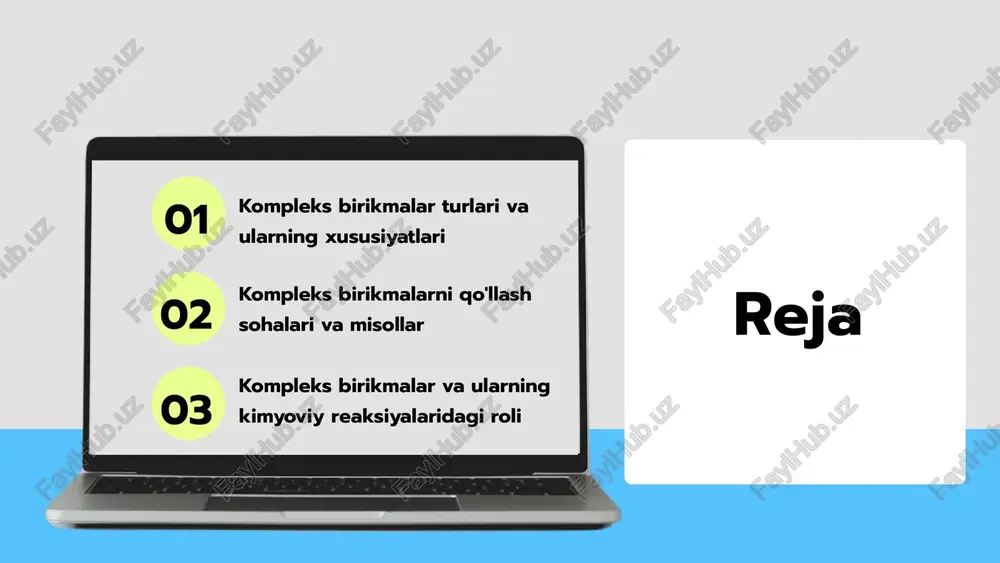 ikmalar - metall ionlari va ligandla birikkan molekulalardan tashkil topgan kimyoviy birikmalardir. ular kimyoviy reaksiyalarda muhim rol o'ynaydi, reaktantlar va mahsulotlar o'rtasida o'zaro ta'sirlar yaratadi. real hayotda kompleks birikmalar tibbiyotda dorilar, sanoatda esa katalizator sifatida keng qo'llaniladi. kimyoviy reaksiya jarayonlari kompleks birikmalar va ularning reaktsiyalarga ta'siri kompleks birikmalar kimyoviy reaktsiyalarda muhim rol o'ynaydi, yangi birikmalar hosil qilish imkonini beradi. reaktsiya turlari reaktsiyalar asosiy va qo'shimcha jarayonlarga bo'linadi, bu esa birikish va parchalanish jarayonlariga ta'sir qiladi. boshqa kimyoviy birikmalar bilan o'zaro ta'sir ular boshqa kimyoviy birikmalar bilan o'zaro ta'sir qilib, turli mahsulotlar va energiya o'zgarishlariga olib keladi. 01 02 03 xulosa kompleks birikmalar kimyo, tibbiyot va sanoatda muhim ahamiyatga ega. ular koordinatsion komplekslar, metalllarning komplekslashgan birikmalari va boshqa turlari bilan bog'liq. har bir tur o'ziga xos xususiyatlari, fizik xususiyatlari va reaktivlik jihatidan farqlanadi. kompleks birikmalarning ahamiyati kelajakdagi tadqiqotlar kompleks birikmalarni yanada chuqur o'rganishga qaratilgan. innovatsion yondashuvlar va yangi qo'llanilish sohalari, xususan, …