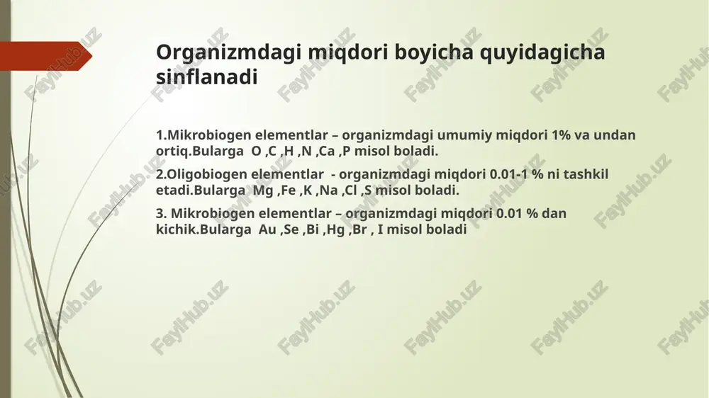 mma a'zolarida uchraydi. kalsiy yetishmovchiligi yurak faoliyatining buzilishiga, qon ivishi jarayoniga suyaklar va tishlar faoliyatiga salbiy ta'sir ko’rsatadi. bu xolat suyaklarning mo’rtlashishiga (osteoparoz) tishlarning chirishiga (kariyes) olib keladi. uning yetarli darajada o’zlashmasligi qondagi miqdori ortib ketishi (giperkalsinoz) ga olib keladi.kalsiy birikmalaridan cao dezinfeksiyalovchi modda sifatida, caco3 kislotalarni adsorbsiyalovchi va neytrallovchi modda sifatida, kalsiy glyukonat allergiyaga qarshi ishlatiladi. cu misning odam organizmidagi umumiy miqdori 100-150 mkg tashkil etadi. asosiy deposi jigardir . ozuqa mahsulotlari tarkibida mis mo‘l bo‘lishi ularda b1 vitamin miqdorining ortishiga va organizm tomonidan yaxshi o‘zlashtirilishiga olib keladi. shu bilan bir qatorda organizmdagi misning miqdori ortishi vitamin c ning kamayishiga olib keladi. bunga asosiy sabab mis askorbinoksidaza fermenti (vitamin c ni oksidlovchi ferment) tarkibiga kirib, uning faolligini orttirib yuborishidir. o‘z navbatida vitamin a ning miqdorini ortishi mis va askorbinoksidazaning faolligini pasayishiga olib keladi. mis qon hosil bo‘lish jarayonida ishtirok etadigan elementdir. u eritrotsitlar tarkibiga kirib, ularning yetilishiga va gemoglobin …