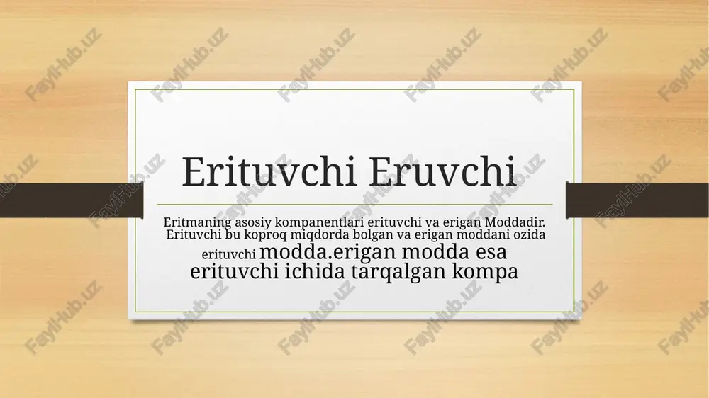 kopgina katatilik reaksiyalar eritmada amalga oshiriladi, bu katarizatorningreaktivlar bn aloqasini yaxshilaydi. jumanova nafisa dnt 816 u image7.jpg image5.png image6.png image8.jpg image9.jpg image10.jpg image3.png image4.png eruvchanlik téyingan o'ta to'yingan eritma eritma /docprops/thumbnail.jpeg eritma