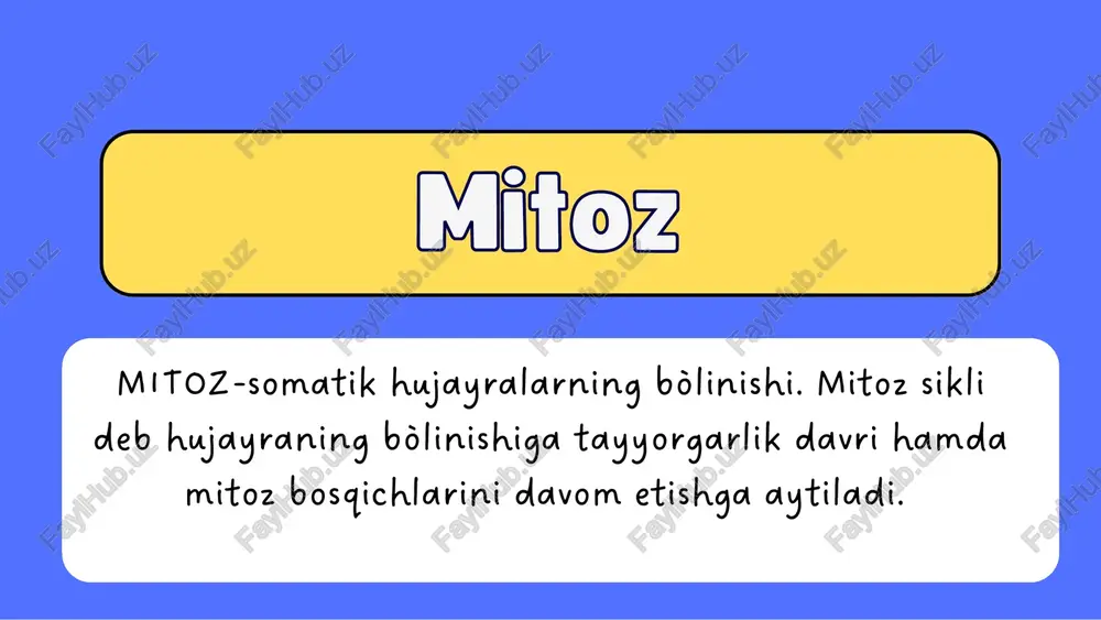 mikroskopida yaxshi kòrinmaydigan bòlib qoladi,yadro qobiĝi hosil bòladi; yadrochalar qaytadan shakklanadi; sitoplazmaning ikkiga ajralishi (sitokinez) bòladi. meyoz natijasida diploid to'plamga ega bo'lgan birlamchi jinsiy hujayralardan gaploid to'plamli jinsiy hujayralar hosil bo'ladi. har bir meyoz bo'linish xud-di mitoz singari to'rt bosqichga: profaza, metafaza, anafaza, telofazaga bo'linadi. ularni farq qilish uchun birinchi bo'linish fazalari oldiga i, ikkinchi bo'linish fazalari oldiga ii raqami qo'yiladi. meyoz ham xuddi mitoz kabi interfazadan boshlanadi. meyozmeyoz interkinez (n 2c) 1. interkinez - qisqacha aytganda, bu hujayraning dam olish davri. dnk reduplikatsiyalanmaydi. 2. birinchi bolinish natijasida: har bir hujayrada gaploid toplam bo 'lladi lekin undagi ota-ona xromasomalari soni teng boaydi. 3. xromosomalarning tarqalishi anafaza i da turli xil variantlarda amalga oshadi. interkinezinterkinez metafaza i (2n 4c) xromosomalarning spirallanish darajasi eng yuqori ko'rsatkichga ega bo'ladi: konyugatsiyalashgan xromosomalar juft-juft holat da ekvator tekisligi bo'ylab joylashadi: sentromeraga bo'linish urchug'i birikadi anafaza i (2n 4c) gomologik xromosomalarning yelkalari bir-biridan aniq ajraladi: xromatidlarga …