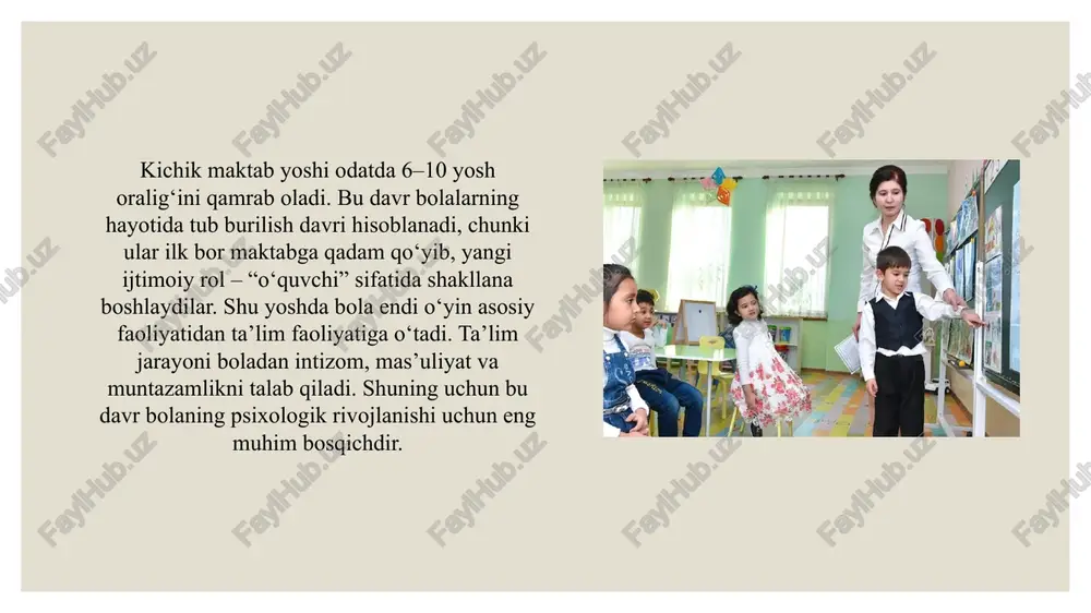 qoladilar, ammo mazmunini chuqur tushunmaydilar. vaqt o‘tishi bilan ularda mazmunli xotira rivojlana boshlaydi. o‘qituvchilar bolalarni yod olishda ma’noga e’tibor berishga, tushunib yodlashga o‘rgatishlari muhimdir. bu ularning kelajakdagi bilim olish jarayonini osonlashtiradi. tafakkur jarayoni dastlab aniq-obrazli shaklda bo‘ladi. bola ko‘proq predmetlarni ko‘rib, ushlab ko‘rib, tajriba asosida o‘rganadi. keyinchalik ular mavhum tushunchalar asosida fikrlashni boshlaydilar. matematika va tabiatshunoslik fanlari aynan shunday abstrakt tafakkurni rivojlantirishda yordam beradi. shu sababli darslarda ko‘proq amaliy mashqlar berish foydali hisoblanadi. nutq rivojlanishi kichik maktab yoshida sezilarli darajada kuchayadi. bola grammatik jihatdan to‘g‘ri gap tuzishga, o‘z fikrini izchil bayon qilishga o‘rganadi. yozma nutq ham rivojlanib, ularni o‘z fikrlarini yozma shaklda ifodalashga tayyorlaydi. shu jarayonda kitob o‘qishning ahamiyati juda katta. kitobxonlik bolalarda lug‘at boyligini oshiradi va muloqot madaniyatini shakllantiradi. qiziqishlar bu yoshda juda muhim psixologik omil hisoblanadi. dastlab umumiy qiziqishlar ustun bo‘lsa, vaqt o‘tishi bilan ular muayyan fanlar yoki faoliyat turlariga yo‘naltiriladi. masalan, kimdadir rasm chizishga qiziqish kuchaysa, boshqasida …