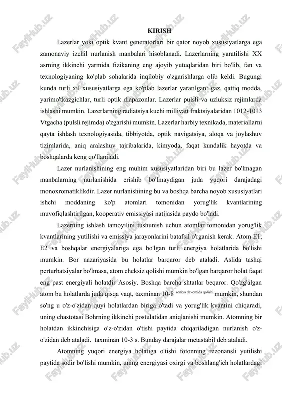 tlardan biriga o'tadi va yorug'lik kvantini chiqaradi, uning chastotasi bohrning ikkinchi postulatidan aniqlanishi mumkin. atomning bir holatdan ikkinchisiga o'z-o'zidan o'tishi paytida chiqariladigan nurlanish o'z-o'zidan deb ataladi. taxminan 10-3 s. bunday darajalar metastabil deb ataladi. atomning yuqori energiya holatiga o'tishi fotonning rezonansli yutilishi paytida sodir bo'lishi mumkin, uning energiyasi oxirgi va boshlang'ich holatlardagi atom energiyalari farqiga teng. atomning energiya darajalari o'rtasidagi o'tishlar fotonlarning yutilishi yoki emissiyasi bilan bog'liq emas. atom boshqa atomlar bilan o'zaro ta'sir yoki elektronlar bilan to'qnashuv natijasida o'z energiyasining bir qismini olish yoki berishi va boshqa kvant holatiga o'tishi mumkin. 1916 yilda a. eynshteyn atomdagi elektronning yuqori energiya darajasidan quyi darajaga o'tishi chastotasi o'tishning tabiiy chastotasiga teng bo'lgan tashqi elektromagnit maydon ta'siri ostida sodir bo'lishi mumkinligini bashorat qilgan atom xuddi shu yo'nalishda tarqaladigan xuddi shu chastotadagi boshqa fotonni chiqaradi. to'lqinlar nazariyasi tilida bu atom chastotasi, fazasi, qutblanishi va tarqalish yo'nalishi asl to'lqin bilan bir xil bo'lgan elektromagnit to'lqinni …