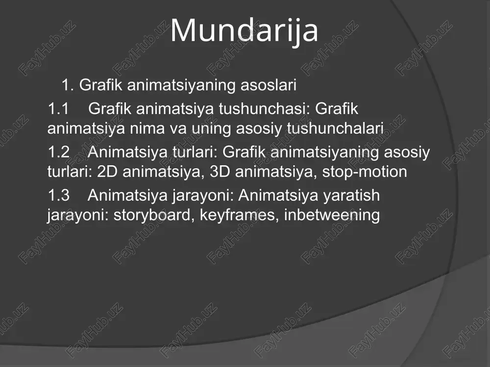 lar va ularning davomiyligini belgilash imkonini beradi. freymlik (frame rate): sekundiga qancha kadr ko'rsatilishini bildiradi. odatda, 24 fps (frame per second) animatsiyalarda yaxshi natija beradi. grafik elementlar: animatsiyada ishlatiladigan barcha tasvirlar, shakllar, matn va boshqa grafik ob'ektlar. 1.2 animatsiya turlari grafik animatsiyaning bir nechta asosiy turlari mavjud, ularning har biri o'ziga xos uslublar va texnikalar bilan ajralib turadi. quyida eng keng tarqalgan turlarni keltiraman 2d animatsiya ta'rif: ikki o'lchovli grafika asosida yaratiladi. bu turda tasvirlar kenglik va balandlikda mavjud bo'ladi, lekin chuqurlik (z) o'lchovi yo'q.texnikalar:klassik (traditsion) 2d: qo'l bilan chizilgan kadrlar bir-biriga bog'lanadi. digital 2d: kompyuter dasturlari yordamida yaratiladi (masalan, adobe animate). qo'llanilish sohalari: multfilmlar, reklama, o'yinlar va veb-saytlar. 3d animatsiya ta'rif: uch o'lchovli grafika yordamida yaratiladi, bu esa tasvirlarga chuqurlik va hajm qo'shadi.texnikalar:modelleme: 3d ob'ektlar yaratish. rigging: ob'ektlarni harakatlantirish uchun suyak va bog'lanish tizimlarini yaratish. animatsiya: ob'ektlarning harakatini kadrlar bo'yicha belgilash. qo'llanilish sohalari: filmlar, video o'yinlar, virtual haqiqat va …