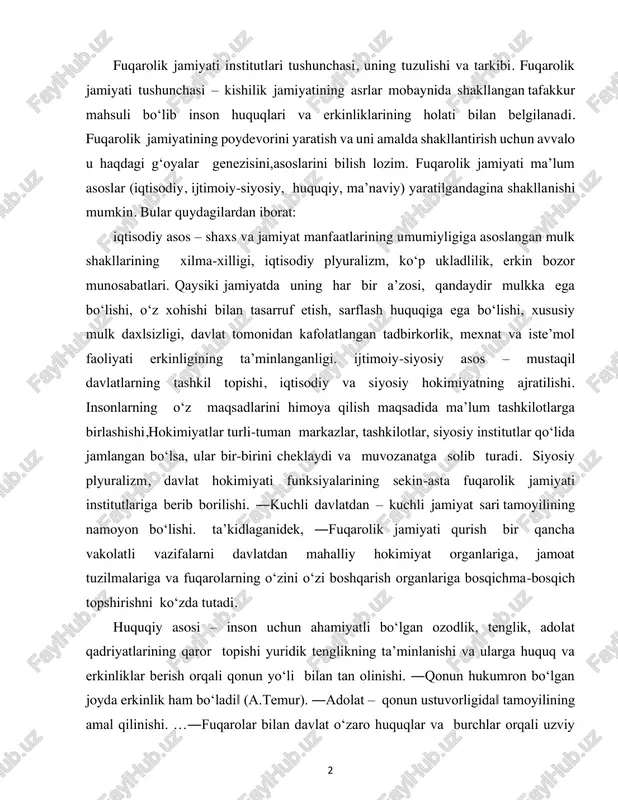lik, tenglik, adolat qadriyatlarining qaror topishi yuridik tenglikning ta’minlanishi va ularga huquq va erkinliklar berish orqali qonun yo‘li bilan tan olinishi. ―qonun hukumron bo‘lgan joyda erkinlik ham bo‘ladi‖ (a.temur). ―adolat – qonun ustuvorligida‖ tamoyilining amal qilinishi. …―fuqarolar bilan davlat o‘zaro huquqlar va burchlar orqali uzviy 3 bog‘liqdirlar. fuqarolarning huquqlari va erkinliklari daxlsiz bo‘lib,hech kim ularni sudning qarorisiz mahrum etishi yoki cheklashi mumkin emas.ayni vaqtda fuqarolarning o‘z huquq va erkinliklarini amalga oshirishlari bshqa fuqarolarning,davlat va jamiyatning qonuniy manfaatlariga zid bo‘lmasligi lozim. ma’naviy asos – insonlar o‘z qadr-qimmatiga, jamiyatning asosiy qadriyatlari himoyasiga tura oladigan zaruriyat tug‘ilganda ular uchun kurasha oladigan bo‘lishlari, vijdon erkinligi, ahloqiy normalarga rioya qilish, yagona mafkura dunyoqarashning yakka hokimligining mavjud emasligi, ijtimoiy jarayonlarni demokratlashtirishda bevosita va bilvosita ishtirok etishlari,fuqarolik pozitsyasiga ega ekanligi. ―tafakkur ozod bo‘lmasa,ong va shuur tazyiqda, qullikdan qutulmasa,inson to‘la ozod bo‘lolmaydi.taraqqiyot taqdirini ma’naviy jihatdan etuk odamlar hal qiladi. o‘zbekistonda yangi jamiyatni rivojlantirish islohotlari jarayonida jahondagi turli mamlakatlarda …