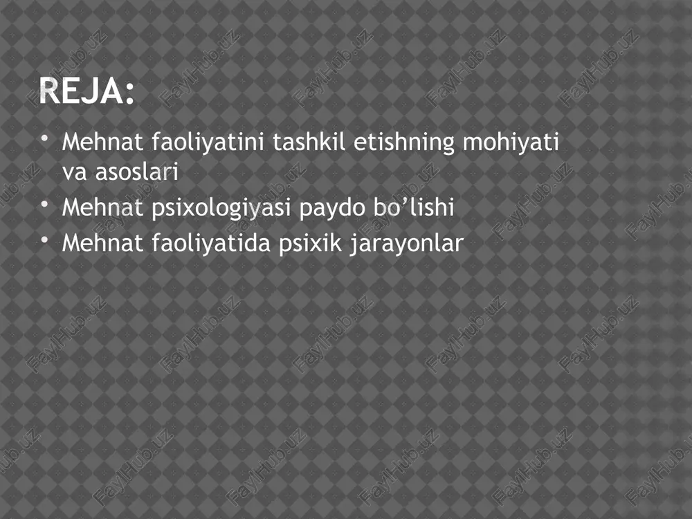 shi g.myunsterbergning "psixologiya va ishlab chiqarish samaradorligi" (1913) va "psixotexnika asoslari" (1914) kitoblarining paydo bo'lishi deb hisoblanadi. mehnatni o'rganishga i. m. sechenov katta hissa qo'shdi, uning "ish kunining davomiyligini belgilashning fiziologik mezonlari" (1897), "insonning mehnat harakati to'g'risida insho" (1901) va boshqa asarlari asos solgan. mehnat faoliyatini oqilona tashkil etish va loyihalash bo'yicha tadqiqotlar uchun. ammo mehnat psixologiyasi o'z merosining eklektik tabiatini engib o'tishi, o'z mavzusini ajratib ko'rsatishi va uning yangi novdalariga turtki berishi uchun uzoq vaqt kerak bo'ldi. mehnat faoliyati. insoniyat o’zining mehnati tufayli ongli mavjudodga aylangan, jamiyatda mo’l-ko’lchilikni yaratgan, tabiatda esa ayrim o’zgartirishlarni amalga oshirgan, borliq to’g’risidagi ma’lumotlarni egallashga musharraf bo’lgan. mehnat faoliyatining tarkibida mehnat, ish-harakat yotadi. ularning har qaysisi muayyan ulushni amalga oshirish tufayli faoliyat mahsuli vujudga keladi, u moddiy yoki ma’naviy ko’rinishda bo’lishi mumkin. ajdodlarimiz tomonidan yaratilgan kasb-kor ko’nikmalarini avlodlarga o’rgatish mehnat faoliyati yordamida amalga oshiriladi. kasbiy malakalarni shakllantirish, takomilashtirish, mahsulot yaratish va undan maqsadga muvofiq ravishda …