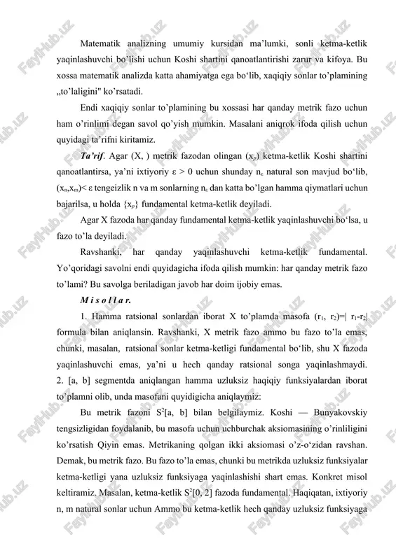 i bo’lgan tengsizlik kelib chiqadi. bundan tengsizlikni hamma i lar uchun xosil kilish mumkin, ya’ni x = (a1, a2, . . .) ∈ m munosabat kelib chiqadi. yoki (xn, x) , ixtiyoriy bo’lganligi uchun bundan munosabat kelib chiqadi. demak, m—to’la fazo. endi metrik fazolarning to’laligiga oid ba’zi xossalarni keltiramiz. 2. metrik fazoda kompakt to’plamlar to’g’ri chiziqning ajoyib xossalaridan biri shuki, undagi chegaralangan har qanday cheksiz to’plam kamida bitta limit nuqtaga ega. bu fakt bolsano — veyershtrass teoremasida o‘z ifodasinn topgan. lekin ixtiyoriy metrik fazoda bunday sodda natija, umuman aytganda, o’rinli emas. shuning uchuy quyidagi savolning qo’yilishi tabiiy. metrik fazoda qanday to’plamlar sinfi uchun bolsano — veyershtrass teoremasining mazmuni saqlanadi? mana shu savol munosabati bilan quyidagi muhim ta’rifni kiritamiz. ta’rif. x metrik fazodagi m to’plamning yechim elementlaridan tuzilgan ixtiyoriy ketma-ketlikdan biror x(∈x) elementga yaqinlashuvchi qism ketma-ketlikni ajratib olish mumkin bo‘lsa, m to’plam x da nisbiy kompakt deyiladi; yopik nisbiy kompakt to’plam …