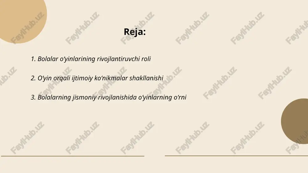 hi va umumiy sog‘lomlik holatini yaxshilaydi. masalan, har kungi faollik 60 daqiqa davomida tashkil etilishi lozim bo‘lib, bu yurak-qon tomir salomatligini qo‘llab-quvvatlaydi. o‘yinlar chog‘ida bolalar yangi ko‘nikmalarni o‘rganadi va ijtimoiy interaksiyalarni kuchaytiradi. jismoniy faollikning optimal ravishda o‘tkazilishi bolalarning ruhiy holati yaxshilanishiga ham xizmat qiladi. shuningdek, uyqu sifati ham yaxshilanadi. dunyo sog‘liqni saqlash tashkiloti bolalarga kuniga kamida 60 daqiqa jismoniy faollikni tavsiya qiladi. ... t.me/slaydai_bot 4. oʻyinlar orqali ijodkorlikni rivojlantirish oʻyinlar orqali ijodkorlikni rivojlantirishda muhim omillar mavjud. tadqiqotlarga koʻra, ijodiy oʻyinlar bolalar miyasida neyron aloqalarni kuchaytirib, ijodkorlikni 30% gacha rivojlantirishi mumkin. lego, minecraft kabi konstruktiv oʻyinlar bolalarda muhandislik qobiliyatlarini ragʻbatlantiradi. 2018-yilgi tadqiqot natijalariga koʻra, raqamli va jismoniy oʻyinlar 6-12 yoshdagi bolalarda muvofiqlashtirish qobiliyatlarini 25% ga, mantiqiy fikrlashni esa 35% ga oshiradi. har kuni oʻrtacha 20-30 daqiqa ijodiy oʻyinlar bilan shugʻullanish bolalarda ijodiy qobiliyatlarni sezilarli darajada kuchaytirishi mumkin. bu jarayon ijodkorlikni, muammolarni hal qilish qobiliyatini va o'ziga xos fikrlash uslublarini rivojlantiradi. ... …