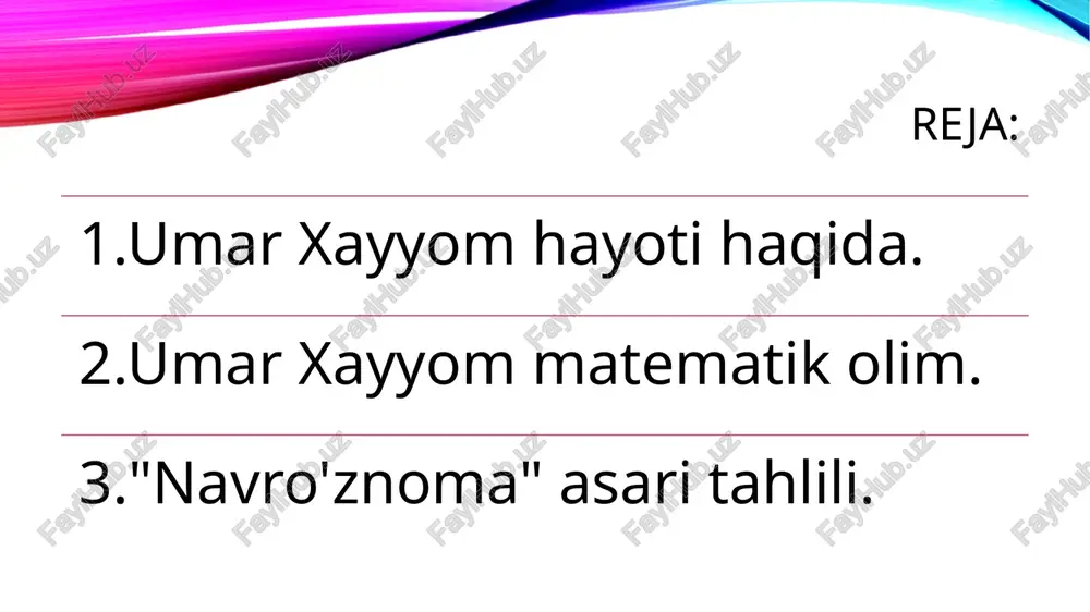 rining buyuk mutafakkiri edi. u matematika tarixida birinchi bo‘lib, p-darajali ildiz chiqarishning umumiy usulini taklif etgan. uning algebra va geometriya borasidagi kashfiyotlari, ilmiy farazlari 400-800 yil keyin dekart, nyuton, vensel kabi ovro‘pa olimlari tomonidan tasdiqlangan. xayyomning astronomiya sohasidagi izlanishlariga ulug‘bek yuksak baho bergan. u tuzgan taqvim hozir biz foydalanayotgan grigoryan taqvimidan aniqroq ekani ko‘pchilikka ayon. allomaning bizgacha yetib kelgan falsafiy risolalari va jahonga mashhur bo‘lib ketgan ruboiylari ham muayyan ma’noda o‘ziga xos kashfiyotlardir. ularning hozirgacha ahamiyatini yo‘qotmagani shundan. xayyom asarlari, qaysi sohaga taalluqli bo‘lishidan qat’i nazar, falsafa bilan uzviy bog‘liq. boshqacha aytganda, uning ilmiy, tarixiy va badiiy merosi abadiy yam–yashil daraxtga o‘xshasa, falsafa bu daraxtning o‘q tomiridir. umar xayyomning «risolai fil barohiyn alo masoil al-jabr va al-muqobala» («algebra va almuqobala masalalari isboti to‘g‘risida risola»), «mezon ul-hakam» («donishmandlik mezonlari»), «ziji malikshohiy» («malikshoh taqvimi»), «risolai fil vujud» («mavjudlik to‘g‘risidagi risola»), «navro‘znoma» kabi matematika, fizika, geografiya, falsafa, musiqashunoslik, tarix, astronomiyaga bag‘ishlangan asarlari, shuningdek …