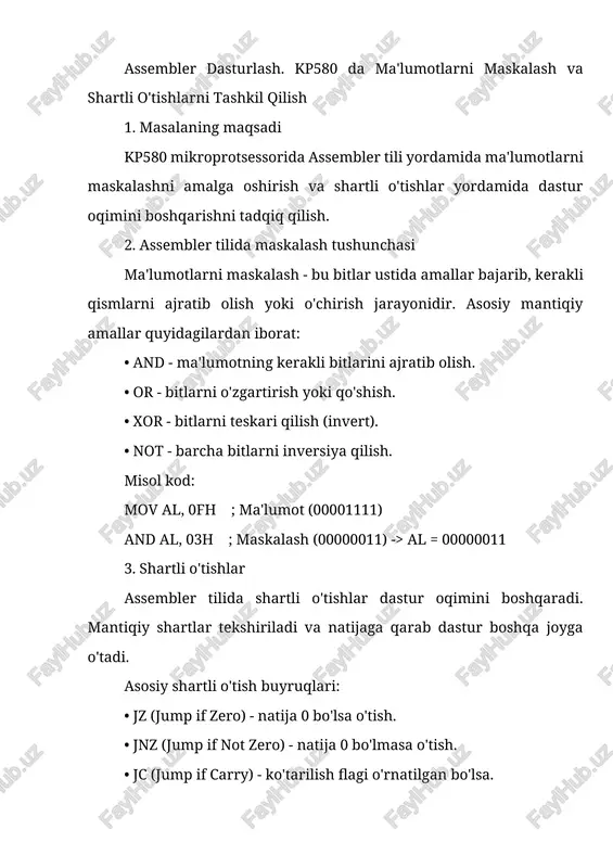 d, or, xor - mantiqiy amallar. - jmp, jz, jnz - shartli va shartsiz o'tishlar. 5. tadqiqot uchun dastur quyidagi dastur kp580 uchun yozilgan bo'lib, maskalash va shartli o'tishlarni o'z ichiga oladi: start: mvi a, 0fh ; a registriga 00001111 yoziladi ani 03h ; a ni 00000011 bilan maskalash jz zero_label ; agar natija 0 bo'lsa, zero_label ga o'tish mvi b, 01h ; b registriga 1 yoziladi jmp end ; dastur oxiriga o'tish zero_label: mvi b, 00h ; b registriga 0 yoziladi end: hlt ; dastur to'xtatiladi kp580 seriyali is asosidagi protsessor sxemasi 4.2.2-rasmda ko'rsatilgan. oddiy holatda u faqat uchta kristallni o'z ichiga olishi mumkin: mp kp580bm80, takt generatori kp580gf24 va tizim boshqaruvchisi kp580bk28/bk38, ulardan foydalanish mp ning barcha funksionalligini to'liq saqlab qolgan holda protsessorning ixchamligini kafolatlaydi. mp ni dastlabki sozlash funksiyasini bajarish uchun gti ning resin kirishiga rc sxemasini ulash kerak. res1n kirishida histerezisning mavjudligi kommutatsiya chegarasiga erishilganda kontaktlarning …
