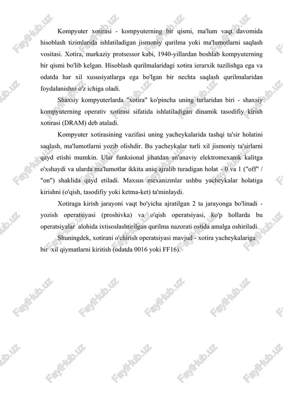 xotira qurilmalarini faqat qayta ishlangan ma'lumotlarni saqlash uchun ishlatgan. ularning dasturlari apparat darajasida kodlangan bajariladigan ketma-ketliklar shaklida amalga oshirilgan. har qanday qayta dasturlash yangi hujjatlarni tayyorlash, qayta ulash, bloklar va qurilmalarni qayta qurish va hokazolar bo'yicha katta hajmdagi qo'l mehnatini talab qilgan. kompyuter dasturlari va ma'lumotlarini umumiy xotirada saqlashni ta'minlaydigan fon neyman arxitekturasidan foydalanish vaziyatni tubdan o'zgartiradi. har qanday ma'lumotni bitlarda o'lchash mumkin, shuning uchun raqamli kompyuter qanday fizik printsiplarda va qanday sanoq tizimida ishlashidan qat'iy nazar (ikkilik, uchlik, o'nlik va boshqalar), raqamlar, matnli ma'lumotlar, tasvirlar, ovoz, video va boshqa turdagi ma'lumotlar bit satrlari yoki ikkilik raqamlar ketma- ketligi sifatida ifodalanishi mumkin. bu kompyuterga ma'lumotlarni boshqarish imkonini beradi, agar etarli saqlash hajmi mavjud bo'lsa (masalan, o'rta o'lchamdagi roman matnini saqlash uchun taxminan bir megabayt kerak bo'ladi). bugungi kunga kelib, turli xil jismoniy effektlardan foydalanishga asoslangan ma'lumotlarni saqlash uchun ko'plab qurilmalar yaratilgan. umumiy yechim mavjud emas, ularning har biri o'zining afzalliklari …