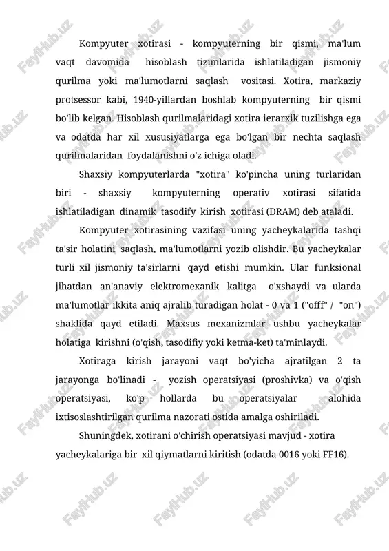 ra qurilmalarini faqat qayta ishlangan ma'lumotlarni saqlash uchun ishlatgan. ularning dasturlari apparat darajasida kodlangan bajariladigan ketma-ketliklar shaklida amalga oshirilgan. har qanday qayta dasturlash yangi hujjatlarni tayyorlash, qayta ulash, bloklar va qurilmalarni qayta qurish va hokazolar bo'yicha katta hajmdagi qo'l mehnatini talab qilgan. kompyuter dasturlari va ma'lumotlarini umumiy xotirada saqlashni ta'minlaydigan fon neyman arxitekturasidan foydalanish vaziyatni tubdan o'zgartiradi. har qanday ma'lumotni bitlarda o'lchash mumkin, shuning uchun raqamli kompyuter qanday fizik printsiplarda va qanday sanoq tizimida ishlashidan qat'iy nazar (ikkilik, uchlik, o'nlik va boshqalar), raqamlar, matnli ma'lumotlar, tasvirlar, ovoz, video va boshqa turdagi ma'lumotlar bit satrlari yoki ikkilik raqamlar ketma- ketligi sifatida ifodalanishi mumkin. bu kompyuterga ma'lumotlarni boshqarish imkonini beradi, agar etarli saqlash hajmi mavjud bo'lsa (masalan, o'rta o'lchamdagi roman matnini saqlash uchun taxminan bir megabayt kerak bo'ladi). bugungi kunga kelib, turli xil jismoniy effektlardan foydalanishga asoslangan ma'lumotlarni saqlash uchun ko'plab qurilmalar yaratilgan. umumiy yechim mavjud emas, ularning har biri o'zining afzalliklari …