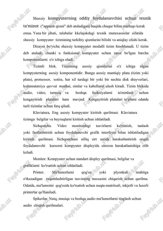 im platasi. shaxsiy kompyuterning asosiy va eng muhim elementlari, aniqrog'i, tizim bloki: video karta, markaziy protsessor, operativ xotira modullari va ko'p sonli mikrosxemalar tizim platasida joylashgan bo'lib, uning keng tarqalgan nomi ona platasi (1.1.4-rasm). tizim platasi. bu qo'shimcha kengaytirish kartalarini o'rnatish uchun ulagichlarga ega bo'lgan va kompyuterning butun elektron sxemasi uchun mexanik asos bo'lib xizmat qiladigan kompyuterning asosiy platasi. plata tufayli kompyuter tizimining tarkibiy qismlarining to'liq o'zaro aloqasi ta'minlanadi. plataning asosiy vazifasi kompyuterning barcha komponentlarini birlashtirish va birgalikda ishlashini ta'minlashdir. plataning muhim xususiyatlaridan biri uning form-faktoridir - bu standart kompyuter uchun o'lchamini, tizim bloki ichidagi biriktirish nuqtalarini, protsessor rozetkasi yuzasida joylashishini, kiritish-chiqarish portlarini, operativ xotira uchun slotlarni, va hokazo. yangi kompyuterni yig'ishda (yoki kompyuterlarni ta'mirlashda) korpus tanlangan plataning form-faktorini qo'llab-quvvatlashi kerakligini hisobga olishni esda tutish lozim. plata elementlari. chipset - birgalikda ishlash uchun mo'ljallangan va asosiy vazifasi muayyan funksiyalar to'plamini bajarish bo'lgan bir nechta chiplar to'plami. kompyuterlarda platadagi chipset birlashtiruvchi …