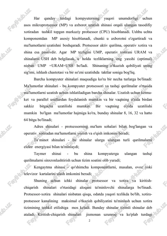 or kanalining maksimal o'tkazish qobiliyatini ta'minlash uchun xotira tizimining tashkil etilishiga mos keladi. bunday shinalar tizimli shinalar deb ataladi. kiritish-chiqarish shinalari jismonan uzunroq va ko'plab turdagi qurilmalarni qo'llab-quvvatlaydi va odatda standartlardan biriga amal qiladi. kirish/chiqarish shinalari kengaytirish shinalari sifatida tanilgan, bu shuni anglatadiki, bu shina ulangan qurilmalar soni bo'yicha tizim shinaini kengaytiradi. tashqi qurilmalar odatda standartlashtirilgan tashqi qurilmalar interfeyslari orqali kiritish-chiqarish shinasiga ulanadi. protsessor-xotira shinalari bir-biriga ulanishi kerak bo'lgan qurilmalarning barcha turlari va parametrlarini oldindan biladi, kiritish/chiqarish shinasi kechikish va o'tkazish qobiliyati bilan farq qiluvchi qurilmalar bilan ishlaydi. 5.1.1-jadval intel mikroprotsessorlari uchun texnik xususiyatlar.manzil shina res. ma'lumotlar shinai rez. chiqarilgan yili turi chastotasi mhz int. kesh kb i8080, i8088, i8086 4,77; 8; 10 8.16 20 1978 yil - i80286 6–25 16 24 1982 yil - i80386 16,20,25,33,40 16.32 24.32 1985 yil - i486 16–66 32 32 1989 yil 8.16 i486d×2(4) 40–120 32 32 1992 yil 16 pentium (pro, mmx) 60–200 …