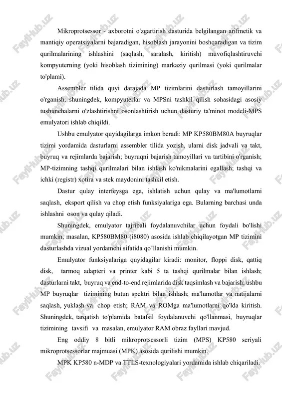 obraz fayllari mavjud. eng oddiy 8 bitli mikroprotsessorli tizim (mps) kp580 seriyali mikroprotsessorlar majmuasi (mpk) asosida qurilishi mumkin. mpk kp580 n-mdp va ttls-texnologiyalari yordamida ishlab chiqariladi. u individual integral mikrosxemalarning (ic) avtonomligi va funksional to'liqligi, ularning interfeysini birlashtirish, dasturlash qobiliyati, mantiqiy va elektr mosligi bilan ta'minlangan arxitekturaviy birlik bilan tavsiflanadi. mp kp580bm80a ning konstruktiv diagrammasi 2.2.3-rasmda ko'rsatilgan. 2.2.3-rasm–mp kp580bm80a arxitekturasi mikroprotsessor quyidagilarni o'z ichiga oladi: • 8-bitli arifmetik mantiqiy qurilma (amq); • buyruqni bajarish jarayonida amq tomonidan yaratilgan rs belgilarini ro'yxatga olish; • batareya (a); • akkumulyator registri (rga); • operandlarni saqlash registrlari (rgb); • ma'lumotni ikkilikdan ikkilik-o'nlik shaklga o'zgartiruvchi o'nlik korrektor (daa); • operatsiya kodini o'z ichiga olgan birinchi buyruq baytini saqlash uchun komandalar registri (ir); • buyruq dekoderi (dcu); • dasturlarni bajarish jarayonida axborotni qabul qilish, berish va vaqtincha saqlash registrlari bloki; • amq va registrlarning ishlashi uchun boshqaruv signallarining ketma- ketligini hosil qiluvchi boshqaruv va sinxronizatsiya sxemasi …