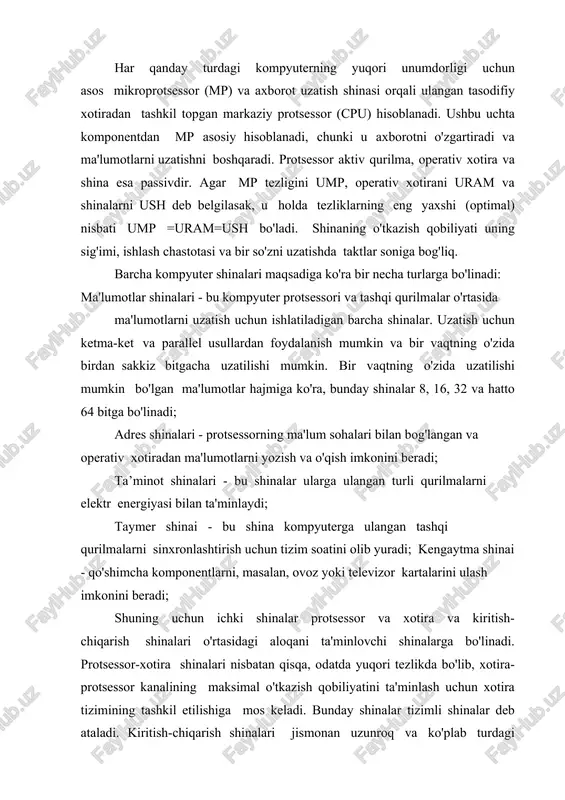r kanalining maksimal o'tkazish qobiliyatini ta'minlash uchun xotira tizimining tashkil etilishiga mos keladi. bunday shinalar tizimli shinalar deb ataladi. kiritish-chiqarish shinalari jismonan uzunroq va ko'plab turdagi qurilmalarni qo'llab-quvvatlaydi va odatda standartlardan biriga amal qiladi. kirish/chiqarish shinalari kengaytirish shinalari sifatida tanilgan, bu shuni anglatadiki, bu shina ulangan qurilmalar soni bo'yicha tizim shinaini kengaytiradi. tashqi qurilmalar odatda standartlashtirilgan tashqi qurilmalar interfeyslari orqali kiritish-chiqarish shinasiga ulanadi. protsessor-xotira shinalari bir-biriga ulanishi kerak bo'lgan qurilmalarning barcha turlari va parametrlarini oldindan biladi, kiritish/chiqarish shinasi kechikish va o'tkazish qobiliyati bilan farq qiluvchi qurilmalar bilan ishlaydi. 5.1.1-jadval intel mikroprotsessorlari uchun texnik xususiyatlar. manzil shina res. ma'lumotlar shinai rez. chiqarilgan yili turi chastotasi mhz int. kesh kb i8080, i8088, i8086 4,77; 8; 10 8.16 20 1978 yil - i80286 6–25 16 24 1982 yil - i80386 16,20,25,33,40 16.32 24.32 1985 yil - i486 16–66 32 32 1989 yil 8.16 i486d×2(4) 40–120 32 32 1992 yil 16 pentium (pro, mmx) …
