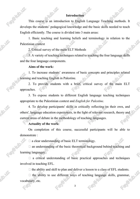 : introduction to elt: basic beliefs & concepts main elt methods and approaches 1. grammar translation method 2. direct method 3. audio-lingual approach 4. cognitive code approach 5. humanistic approaches (cll, silent way, suggestopedia and tpr) 6. the communicative approach teaching techniques how to teach listening how to teach speaking how to teach reading how to teach writing how to prepare lesson plans task of the work: teaching methodology  active participation in class  whole class discussion  pair and group work  giving presentations an analysis and evaluation of a book of choice, focusing on its approach to the teaching of the four language skills. length required: 1000 words preparing a plan for a 45 minute lesson, focusing on the teaching of a specific language skill taken from english for palestine for ant group of palestinian learners from grade 1-12. the lesson plan should be accompanied by a …