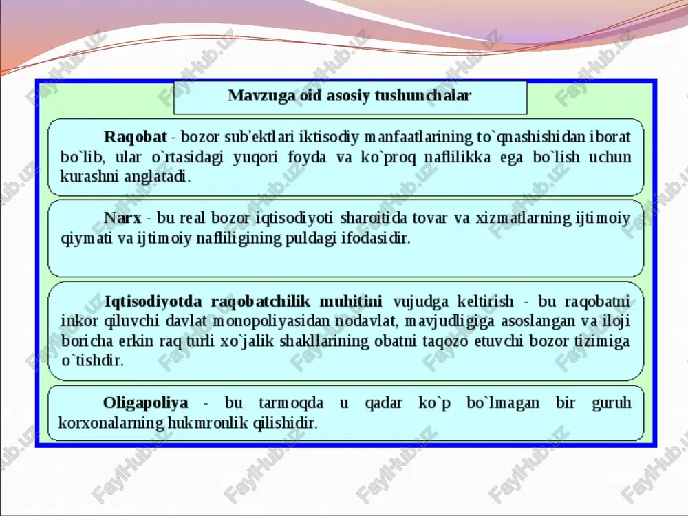 armoqdagi yagona ishlab chiqaruvchi yoki sotuvchining narx va ishlab chiqarish hajmini belgilashdagi yakkahukmronlik holati hisoblanadi. monopsoniya – tarmoqdagi ishlab chiqaruvchi yoki sotuvchilar soni juda ko‘p bo‘lib, ular tovar yoki xizmatlarining yagona iste’molchisi yoki xaridori mavjud bo‘lgan sharoitdagi yakkahukmronlik holati hisoblanadi monopoliyaning vujudga kelishi sababi va tavsifiga ko‘ra: tabiiy monopoliya, legal monopoliya, sun’iy monopoliya. tabiiy monopoliya – korxonaning texnologik xususiyatlari sababli mahsulotga bo‘lgan talabni qondirish raqobat mavjud bo‘lmagan sharoitda samaraliroq amalga oshiriluvchi tovar bozorining holati. legal (qonuniy) monopoliya – bu qonuniy tarzda tashkil etiluvchi monopolistik holat. sun’iy monopoliya – monopol foyda olish maqsadida tashkil etiluvchi birlashmalarning shartli (tabiiy monopoliyalardan ajratib turish uchun) nomi. sun’iy monopoliyalar kartel, sindikat, trest, konsorsium, konsern kabi aniq shakllarda namoyon bo‘ladi. kartel – bitta sanoat tarmog‘idagi bir necha korxonalarning uyushmasi bo‘lib, uning ishtirokchilari ishlab chiqarish vositalari va mahsulotlariga o‘z mulkiy egaligini saqlab qoladi. sindikat – bir turdagi mahsulot ishlab chiqaruvchi bir necha korxonalarning birlashmasi. trest – ishlab …