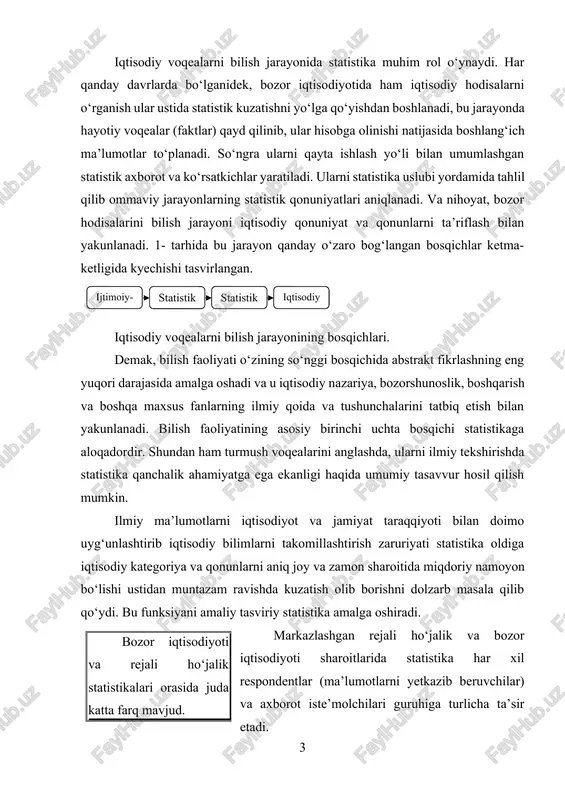 iqdoriy namoyon bo‘lishi ustidan muntazam ravishda kuzatish olib borishni dolzarb masala qilib qo‘ydi. bu funksiyani amaliy tasviriy statistika amalga oshiradi. bozor iqtisodiyoti va rejali ho‘jalik statistikalari orasida juda katta farq mavjud. markazlashgan rejali ho‘jalik va bozor iqtisodiyoti sharoitlarida statistika har xil respondentlar (ma’lumotlarni yetkazib beruvchilar) va axborot iste’molchilari guruhiga turlicha ta’sir etadi. rejali ho‘jalik sharoitida davlat rejasi ishlab chiqarish regulyatori bo‘lib, xalq xo‘jaligining barcha ierarxik doiralarida iqtisodiyot ishtirokchilarining xatti-harakatlarini, xulq atvorlarini aniqlaydi. shuning uchun iqtisodiy hodisalar, shu jumladan, yakka-yakka hodisalar nisbatan kamroq tasodifiy kuchlar ta’sirida bo‘lib, mikroiqtisodiy ko‘rsatkichlarni ham birmuncha barqaror rivojlanishi va turg‘un bo‘lishini ta’minlaydi. rejali boshqarish sharoitida statistikaning asosiy funksiyasi davlat rejalarini bajarish ustidan nazorat qilishdan iborat. shu maqsad jihatdan mikroiqtisodiy ko‘rsatkichlar eng muhim ahamiyatga ega, chunki iqtisodiyotning quyi darajalarida davlat rejasini bajarish yuqori darajalarda ham uning bajarilishini ta’minlovchi zamin hisoblanadi. mikroma’lumotlar ochiq bo‘lib, statistika va boshqa maqsadlarda ham ulardan foydalanish mumkin. hamma respondentlar korxona, tashkilotlar va muassasalar …