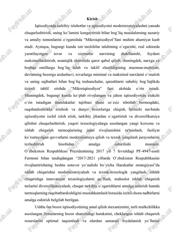 versifikatsiyalash, chuqur tarkibiy o`zgarishlarni amalga oshirish hamda tarmoqlarning raqobatbardoshligini mustahkamlash borasida izchil chora-tadbirlarni amalga oshirish belgilab berilgan. ushbu fan bozor iqtisodiyotining amal qilish mexanizmini, turli mulkchilikka asoslangan firmalarning bozor sharoitidagi harakatini, cheklangan ishlab chiqarish resurslarini optimal taqsimlash va ulardan samarali foydalanish yo`llarini talabalarga o`rgatishda qo`l keladi. shuningdek, “mikroiqtisodiyot” fani fundamental fanlardan biri bo`lib, boshqa iqtisodiy fanlarni chuqur o`rganishga asos bo`lib xizmat qiladi. bozor iqtisodiyoti sub′ektlari faoliyatiga bevosita ta′sir etuvchi talab va taklif, foydalilik va iste′molchilarning bozodagi narxlarga munosabati, ishlab chiqarish xarajatlari va mahsulot bahosi, raqobat shakllari, ishlab chiqarish omillari va ulardan oqilona foydalanish yo`llari, umumiy muvozanat va davlatning bozorni boshqarishdagi roli va shu kabi qator boshqa masalalar o`rganiladi. 1.tashqi samaralar: mazmuni va turlari tashqi samaralar yoki eksternalilar (externalities)- bozordagi oldi-sottidan olinadigan, lekin narxda o‘z ifodasini topmagan xarajat yoki foyda. ular muayyan operatsiyada qatnashadigan bozor subyektlari bilan bir qatorda uchinchi tomon bilan bog‘liq bo‘lgani uchun ham “tashqi” deb qabul qilinadi. ushbu …