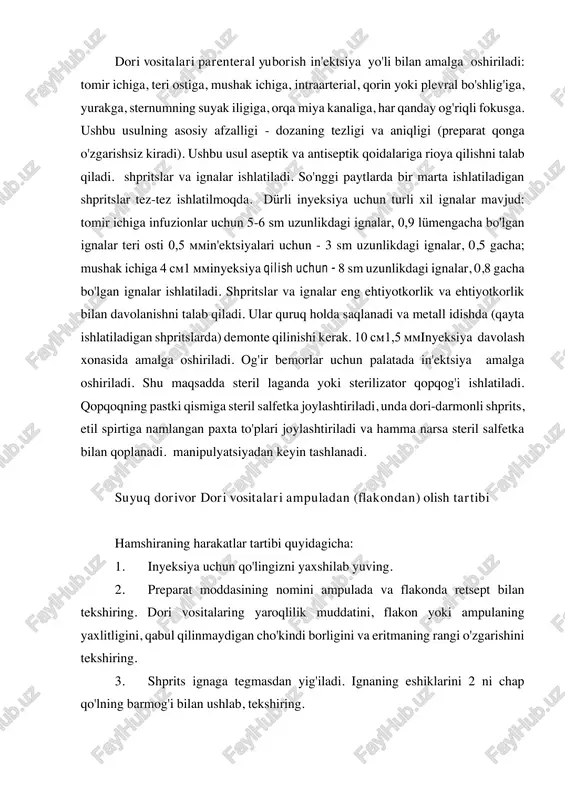 igan cho'kindi borligini va eritmaning rangi o'zgarishini tekshiring. 3. shprits ignaga tegmasdan yig'iladi. ignaning eshiklarini 2 ni chap qo'lning barmog'i bilan ushlab, tekshiring. guruch. ampuladan suyuq dorivor dori vositalari qabul qilish tartibi 4. shisha idishning qopqog'i va ampulaning buzilgan joyi spirtli ichimliklar bilan oldindan davolash kerak. ampulaning tor qismi spirtli ichimliklarga namlangan paxta gazli sumkasi yordamida ochiladi, stakanni to'ldirgandan keyin yoki stakanga sizdan uzoqroq harakat bilan ko'rsatiladi. 5. agar kerak bo'lsa, shishani cho'kindi eriguncha silkiting. 6. sterillikning barcha qoidalariga rioya qiladigan holda, keng lümenli igna ampuladan yoki shisha idishidan olinadi. o'ng qo'l bilan shpritsga qo'yilgan igna nuqtasi ampulana ichiga qo'shiladi va plyusni tortib olib, asta-sekin eritmani tortadi. 7. dori vositalari shpritsga to'ldirish paytida flakon yoki ampula, kerak bo'lganda buriladi. ampula, chap qo'l bilan 2-chi va 3-barmoqlar orasida, 1-va 4- barmoqlar esa shprits silindrini ushlab turadi (29-rasm). 8. shu bilan birga, dori-darmonni olgandan keyin (ignani almashtirib) shpritsdan havoni siqing va igna …