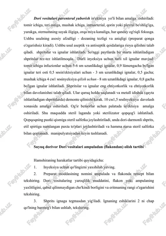 igan cho'kindi borligini va eritmaning rangi o'zgarishini tekshiring. 3. shprits ignaga tegmasdan yig'iladi. ignaning eshiklarini 2 ni chap qo'lning barmog'i bilan ushlab, tekshiring. guruch. ampuladan suyuq dorivor dori vositalari qabul qilish tartibi 4. shisha idishning qopqog'i va ampulaning buzilgan joyi spirtli ichimliklar bilan oldindan davolash kerak. ampulaning tor qismi spirtli ichimliklarga namlangan paxta gazli sumkasi yordamida ochiladi, stakanni to'ldirgandan keyin yoki stakanga sizdan uzoqroq harakat bilan ko'rsatiladi. 5. agar kerak bo'lsa, shishani cho'kindi eriguncha silkiting. 6. sterillikning barcha qoidalariga rioya qiladigan holda, keng lümenli igna ampuladan yoki shisha idishidan olinadi. o'ng qo'l bilan shpritsga qo'yilgan igna nuqtasi ampulana ichiga qo'shiladi va plyusni tortib olib, asta-sekin eritmani tortadi. 7. dori vositalari shpritsga to'ldirish paytida flakon yoki ampula, kerak bo'lganda buriladi. ampula, chap qo'l bilan 2-chi va 3-barmoqlar orasida, 1-va 4-barmoqlar esa shprits silindrini ushlab turadi (29-rasm). 8. shu bilan birga, dori-darmonni olgandan keyin (ignani almashtirib) shpritsdan havoni siqing va igna eritma …