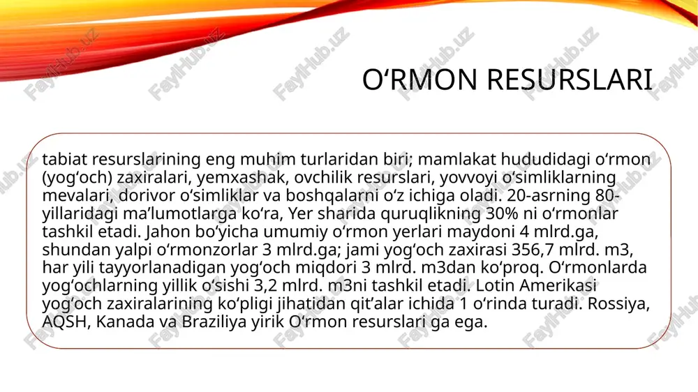 spublikada 22 ta oʻrmon xoʻjaligi va 8 ta dorivor oʻsimliklar yetishtirishga ixtisoslashgan xoʻjaliklarda 15 turdan ortiq shifobaxsh oʻsimliklar (polpola, anzur piyoz, moychechak, totim, arslonquyruq, boʻyimodaron va boshqalar) ekib koʻpaytiriladi. har yili mazkur xoʻjaliklarda 450—500 t dan ziyod dorivor oʻsimliklar xom ashyosi tayyorlab, isteʼmolchilarga yetkazib beriladi. kesilgan oʻrmonlarga daraxtlar ekish, yangi oʻrmonzorlar barpo etish oʻrmon resurslarini qayta tiklashning samarali usuli boʻlib, oʻrmonlarda ulardan uzoq muddat samarali foydalanishni taʼminlaydi. oʻrmonlarning oziq-ovqat resurslariga qoʻziqorin, mevalar, yongʻoqlar, isteʼmol qilinadigan oʻtlar, ildizmevalar, yovvoyi hayvonlar va ovlanadigan qushlar, shuningdek, asalari mahsulotlari, ozuqabop yemxashak resurslariga tayyorlanadigan pichan, har xil oʻtlar, hayvonlar isteʼmol qiladigan mevalar kiradi. oʻrmon asalarichilikkl rivojlantirish, turli hayvonlar va qushlarning yashashi, oziqlanishi, koʻpayishi uchun qulay muhitdir. dunyoning o'rmon resurslari hozirda jahon miqyosida iqtisodiy faoliyatning juda faol rivojlanishi tabiiy resurslarning sezilarli darajada qisqarishiga olib keldi. sayyoramiz aholisining doimiy o'sib borishi tufayli yer va o'rmon resurslari qattiq ekspluatatsiya qilinmoqda. yerning oʻsimliklarini ikkita keng toifaga boʻlish mumkin: yovvoyi …