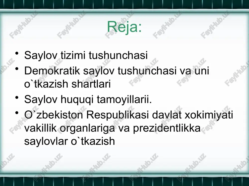 to`grisida»gi qonun (1993 y. 28 dekabr), «xalk deputatlari viloyat, tuman, shaxar kengashiga saylov to`grisida»gi qonun (1994 y. 5 may), «fuqarolarning o`zini-o`zi boshqarish organlari to`grisida»gi qonun (1999 y. 14 aprel), «fuqarolar saylov huquqlarining kafolatlari to`grisida»gi qonun (1994 y. 5 may), o`zbekiston respublikasi markaziy saylov komissiyasi to`grisida»gi qonun (1998 y. 30 aprel). konstitutsiyaning 23-bobi «saylov tizimi» deb nomlangan bo`lib, tula-tukis mazkur tizimni huquqiy jixatdan ta’minlashga bag`ishlangan. demokratik saylov tizimi mustakil o`zbekiston respublikasida xalk xokimiyatchiligini, fuqarolarning davlatni boshkarishda ishtirok etish huquqlarini (konstitutsiyaning 32-moddasi) amalga oshirishning eng muxim mexanizmlaridan biridir. saylov huquqining tengligi prinsipi xar bir saylovchi faqatgina bitta ovozga ega bo`lib, saylovda teng asoslarda qatnashish mumkinligida o`z ifodasini topgan. bu boradagi tenglik saylov okruglarining (250 ta) saylovchilar sonining barobar bo`lish qoidasi asosida tuzish bilan ham ta’minlanadi. bir saylov okrugidagi saylovchilar ovozi boshqa okrugdagi saylovchilarning ovoziga amalda teng bo`lishiga shu zaylda erishiladi. saylovlar yashirin ovoz berish yo‘li bilan amalga oshiriladi. asosiy konun fuqarolarning uz …