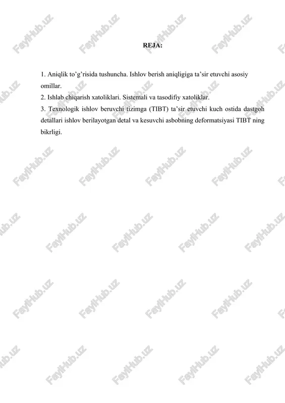 , it 2,3,4 chegaraviy kalibrlar va alohida aniqlikka ega bo’lgan mahsulotlar uchun kvalitet aniqligi, it 5 dan it 12 gacha yig’ish jarayonida boshqa detal yuzasi bilan tutashuvchi detallar o’lchamlari uchun va nihoyat it 13 dan it 17 gacha esa past aniqlikdagi o’lchamlar uchun. yalpi va ko’p seriyali ishlab chiqarish sharoitida detallarning aniqligi asosan dastgohlarni kerakli o’lchamga sozlash natijasida erishiladi. kichik seriyali va donali ishlab chiqarish sharoitida esa qo’shimcha yakunlovchi amallar qo’llash hamda yuqori malakali ishchi kuchidan foydalanish hisobiga ta’minlanadi.ishlab chiqarish sharoitida detalningng aniqligi qator omillarga bog’liq bo’lganligi uchun ularning olib bo’lishi mumkin bo’lgan aniqlik bo’yicha emas, balki iqtisodiy aniqlik bo’yicha tayyorlanadi. iqtisodiy aniqlik deganda mexanik ishlov berishni minimal tannarxi bo’yicha normal ishlab chiqarish sharoitida, texnologik soz dastgoh va kesuvchi asboblar hamda moslamalardan foydalanib normal vaqt sarfi asosida, ish turiga qarab normal malakali ishchi kuchidan foydalanib olinadigan detallar aniqligi tushuniladi. olib bo’lishi mumkin bo’lgan aniqlik deganda alohida yaratilgan ishlab chiqarish sharoitida, …
