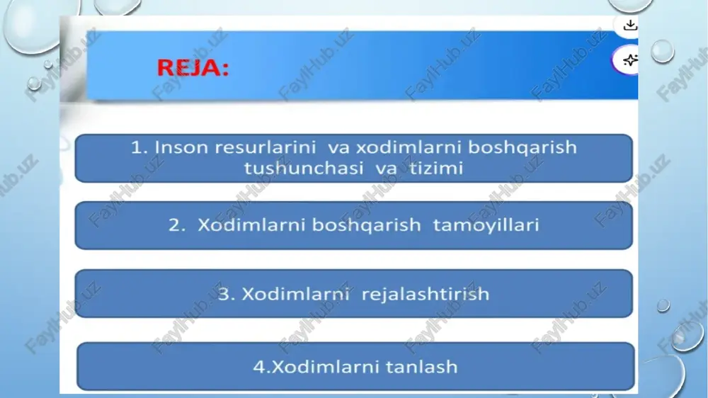 sh sharoiti va sotsial —ruhiy muhitni yaratish —z2aprez-5 xodimlarni boshqarish xarajatlari va ularning samaradorligini baholash motivatsiya ma’ suliyat va vakolat b oo sh q a r i ixtiloflar, nizolarni hal qilish xodimlar bilan ishlashning umumiy tamoyillari xodimlar bilan ishlashning tashkiliy tamoyillari samaradorlik lig orlik istiqbollilik tezkorlik optimallik oddiylik iimiylik ko'p bo’g‘inlilik barqarorlik rejalilik ixtisoslashtirish izchillik uzluksizlik bir me’yorlilik qulaylilik boshqarishda kollegiallik texnologik birlik muvoziylik eye 3. xodimlarni rejalashtirish xodimlarni rejalashtirish- bu inson omiliga bo'lgan ehtiyojni oldindan aniqlashdir. 4 2. istiqbolda 3.xodimlarni 1. mavjud we of fi r xodimlarga = rivojlantirish ernie = bo igan talabni dasturini rejalashtirish ishlabyehigish mavjud xodimlarni baholashda, eng avvalo, ularning shakllanishiga ta‘sir etuvchi tashqi omillarga , xususan mehnat bozoridagi vaziyatga ‘e tiborni gartmog lozim. zero, mehnat bozoridagi holat ko’p jihatdan quydagilarga bog'liq: oaholi soni, yoshi, jinsi salmog idagi o zgarishlarga; otarmoq va _ hududiy bandlikdagi o zgarishlarga ; oqo’shimcha ishchi kuchini yollash darajasiga ; olshlab chiqarish …