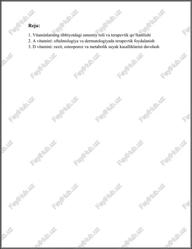 ini so'rilishini yaxshilaydi va yallig'lantiruvchi jarayonlarga qarshi kurashadi. terapiyada yaralarni tezlashtirish va infektsiyalarga qarshi qo'llaniladi. vitamin d (kaltsiferol): osteoporoz va suyakning zaiflashishiga qarshi kurashuvchi ushbu vitamin kalsiy va fosforni so'rishni yaxshilaydi. quyosh nuri yordamida terida sintez qilinadi va ozik-ovqat manbalaridan ham olinadi. tibbiy sohada kalsiy yetishmovchiligi va raxitni davolashda qo'llaniladi. vitamin e (tokoferol): antioksidant xususiyatlarga ega bo'lib, hujayralarni erkin radikallardan himoya qilishda yordam beradi. yurak qon tomir kasalliklari kabilarga qarshi foydali ta'sir ko'rsatadi. kosmetika sanoatida ham teri salomatligi uchun ishlatiladi. vitamin k: ushbu vitamin qon ivishi jarayonida ishtirok etadi. bundan tashqari, suyak salomatligi va yurak qon tomir tizimi uchun ham muhimdir. d-sinfda ichki yo'llar bilan ishlatiladi va k vitamini yetishmovchiligi tufayli yuzaga keladigan qon ketish hollarda ixtisoslik topshiradi. har bir vitamin organizmda qandaydir o'ziga xos rolda ishtirok etadi. masalan, yurak-qon tomir kasalliklarini davolashda omega-3 va vitamin e kabi antioksidantlar foydasi bor. askorbin kislotasi va sink birgalikda yuqori nafas yo‘llari infeksiyalarida …