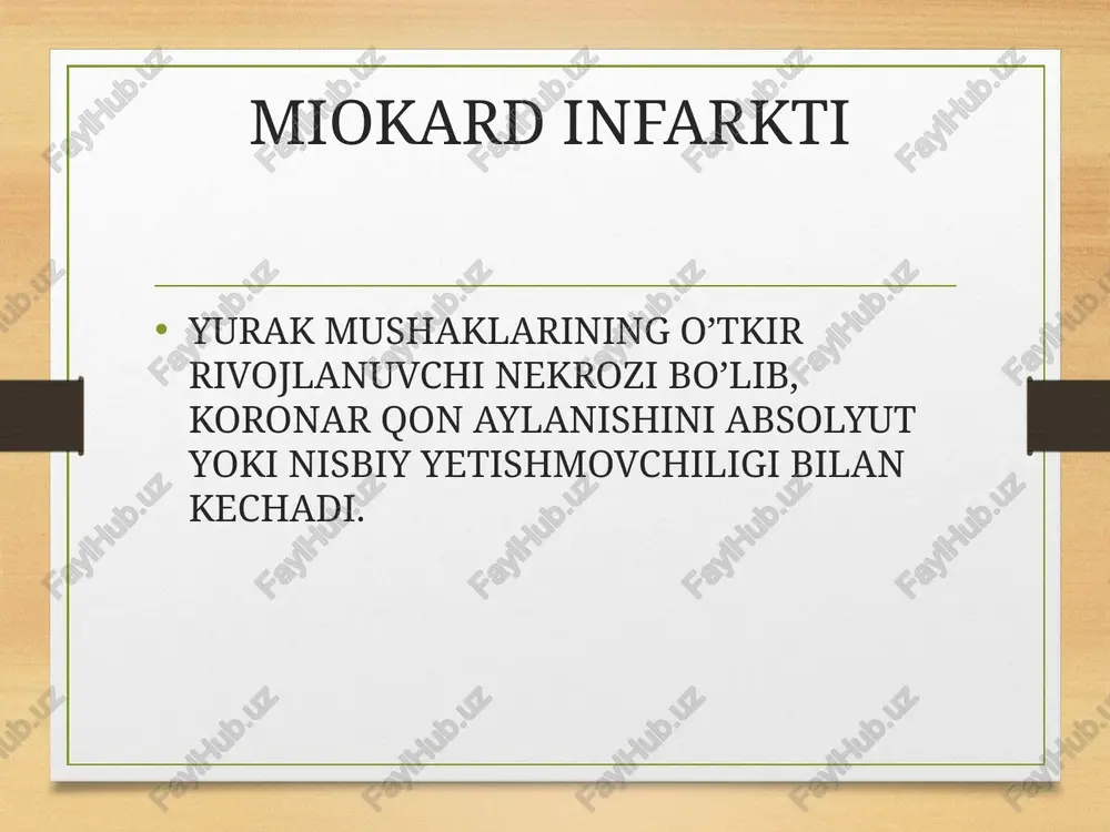 ida betoqat, bir joyda turolmaslik puls infarkt joylashishiga qarab sekin yoki tez/ aqb - past tushishga moyillik auskultatsiya i va ii ton bug’iqlashgan, 20% bemorlarda iii ton aniklanisi – “ot dupuri” ritmi yurak cho’qqisida sistolik shovqin 10% bemorlarda perikard ishqolanish shovqini gohida o’pkaning pastki qismlarida nam xirillashlar miokard infarktini tekshirish usullari ekg (85% to’liq ma'lumot beradi) exokg angiografiya (miokardni qon bilan ta'minlash darajasini aniqlash uchun) fermentdiagnostika miokard infarkti boshlangandan so’ng 12 soat o’tgach echt oshadi, bir necha soat o’tgach leykotsitoz bo’lib, 2-4 kun o'tgach eng yuqori cho’qqisiga ko’tariladi, 1 xaftadan so’ng me'yoriy ko’rsatkichga qaytadi miokard infarktining asoratlari yurak yetishmovchiligi o’pka shishi kardiogen shok miokard yorilishi chap qorincha anevrizmasi tromboemboliya (shu jumladan o’pka arteriyasi tromboemboliyasi) perikardit ritm buzilishi dressler sindromi yurak to’xtashi davosi o’tkir og’riq xurujini yo’qotish; kardiogen shokni davolash; yurak maromi buzilishining oldini olish; qon ivishi sistemasini boshqarish; yurak mushaklari metabolizmini yaxshilash; parhez va dori-darmon orqali qonda xolesterin, triglitserid lipoproteidlari …